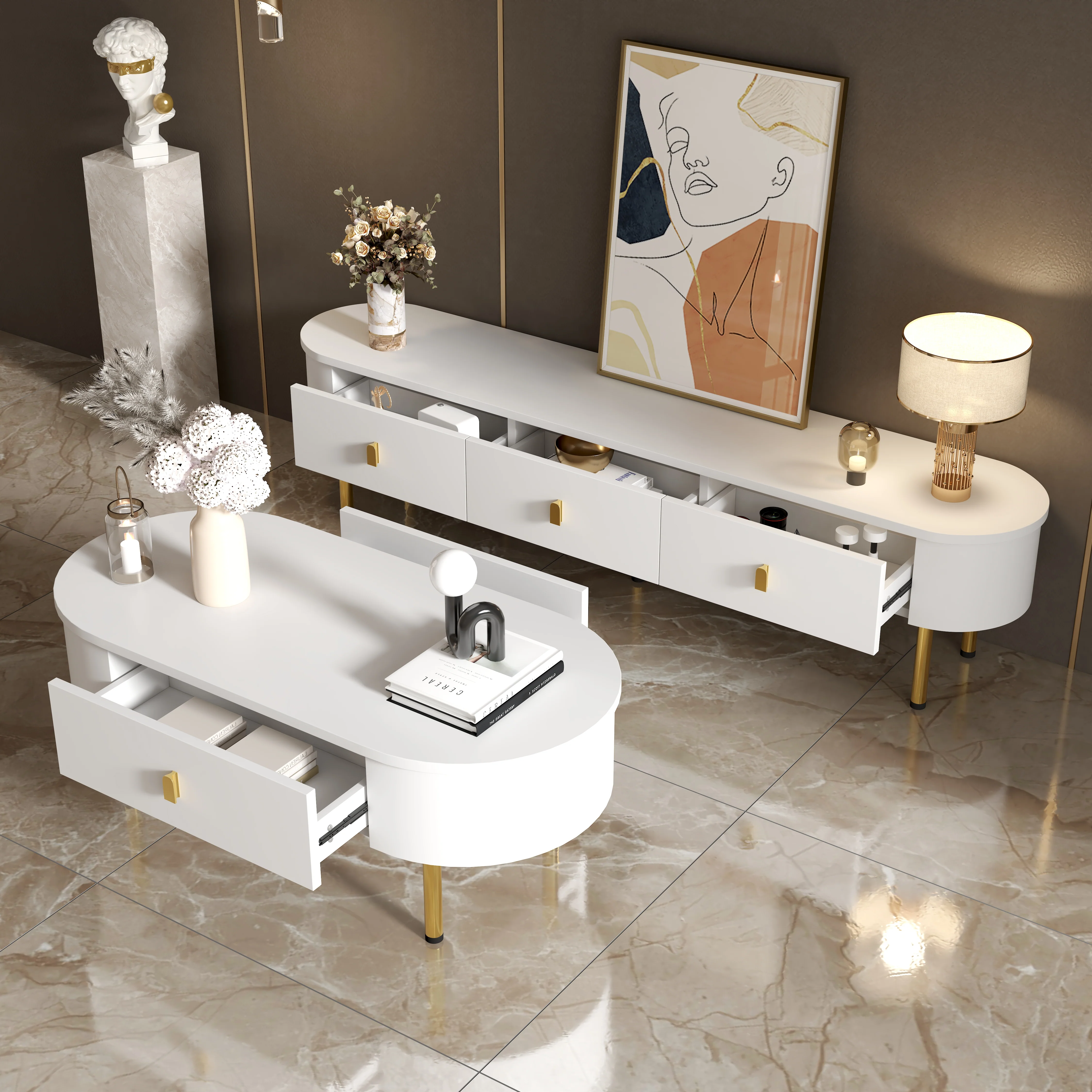 TV Cabinet Coffee Table Set, Luxury Living Room Combination with Drawers, Rounded Corners, White and Gold - Image 3