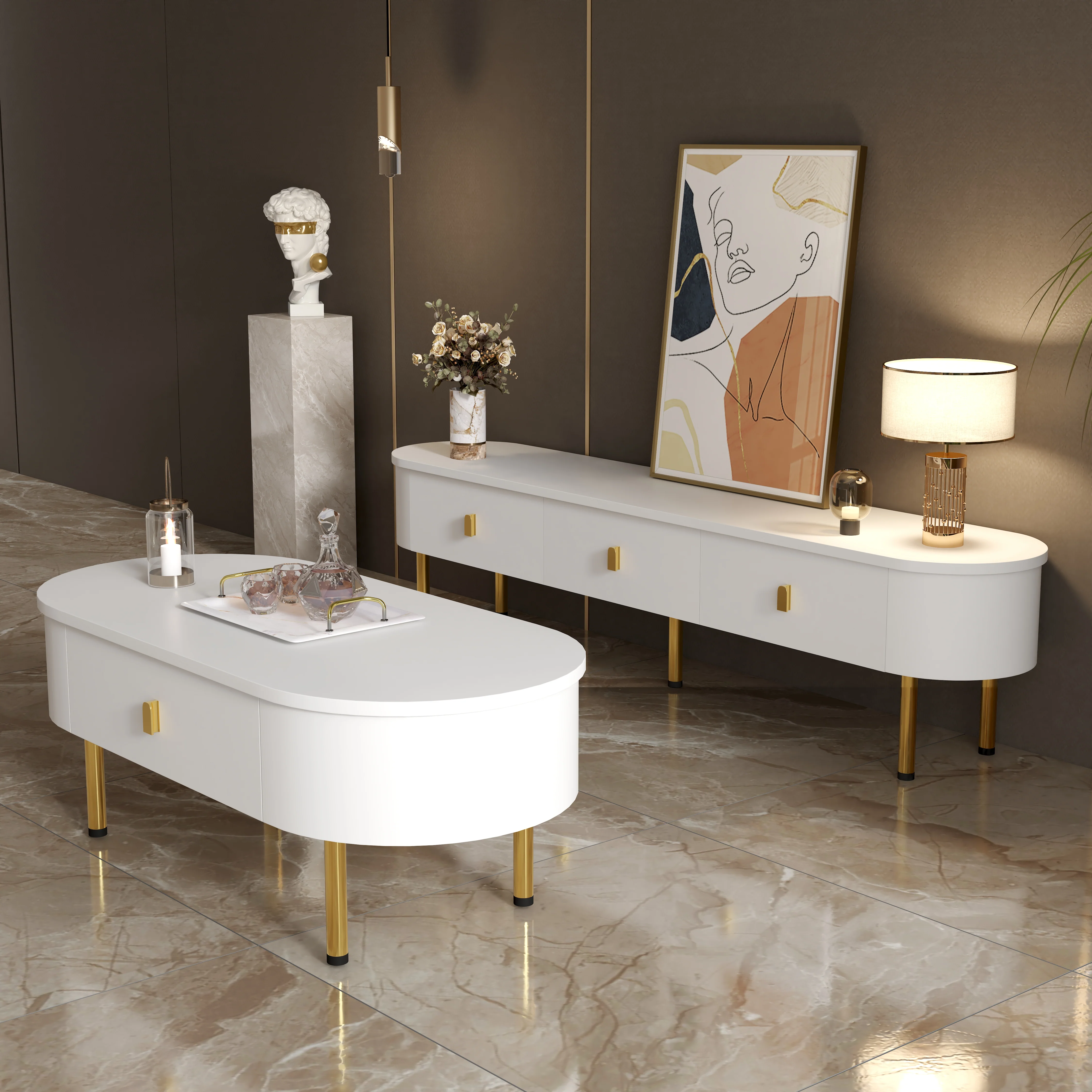 TV Cabinet Coffee Table Set, Luxury Living Room Combination with Drawers, Rounded Corners, White and Gold - Image 4