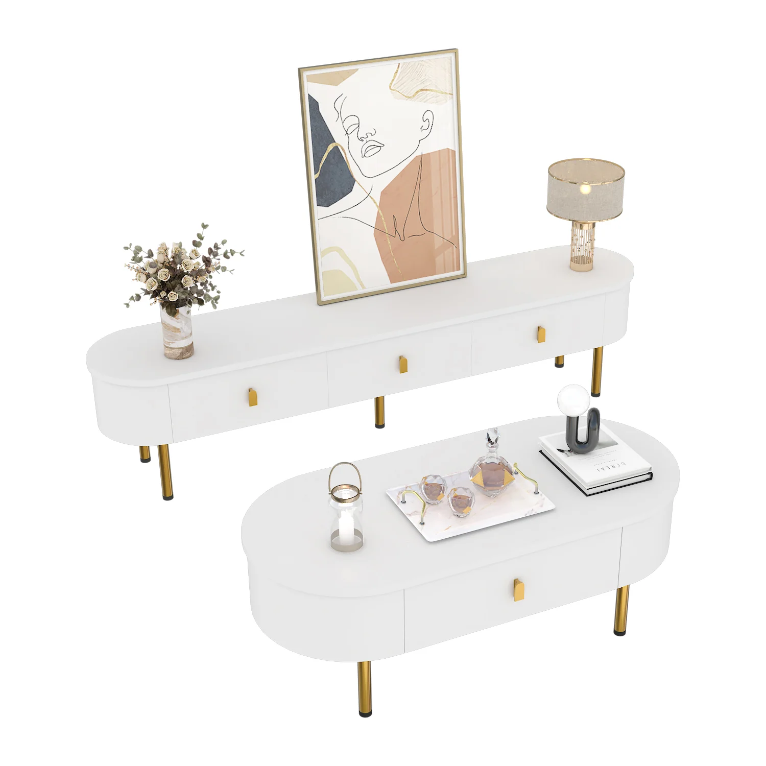 TV Cabinet Coffee Table Set, Luxury Living Room Combination with Drawers, Rounded Corners, White and Gold - Image 5