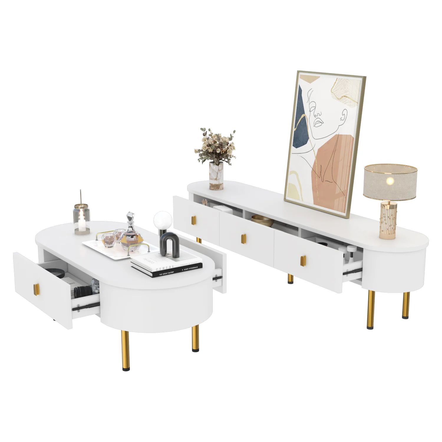 TV Cabinet Coffee Table Set, Luxury Living Room Combination with Drawers, Rounded Corners, White and Gold - Image 6