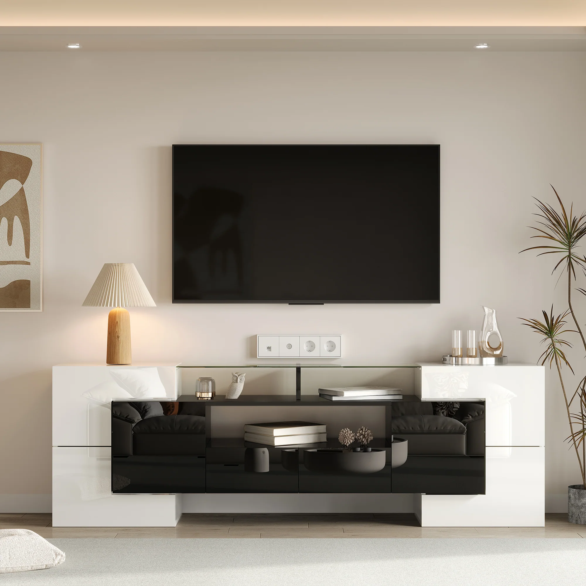 TV Cabinet Low Panel 200 cm LED Lighting High-Gloss White/Black with Glass Surface