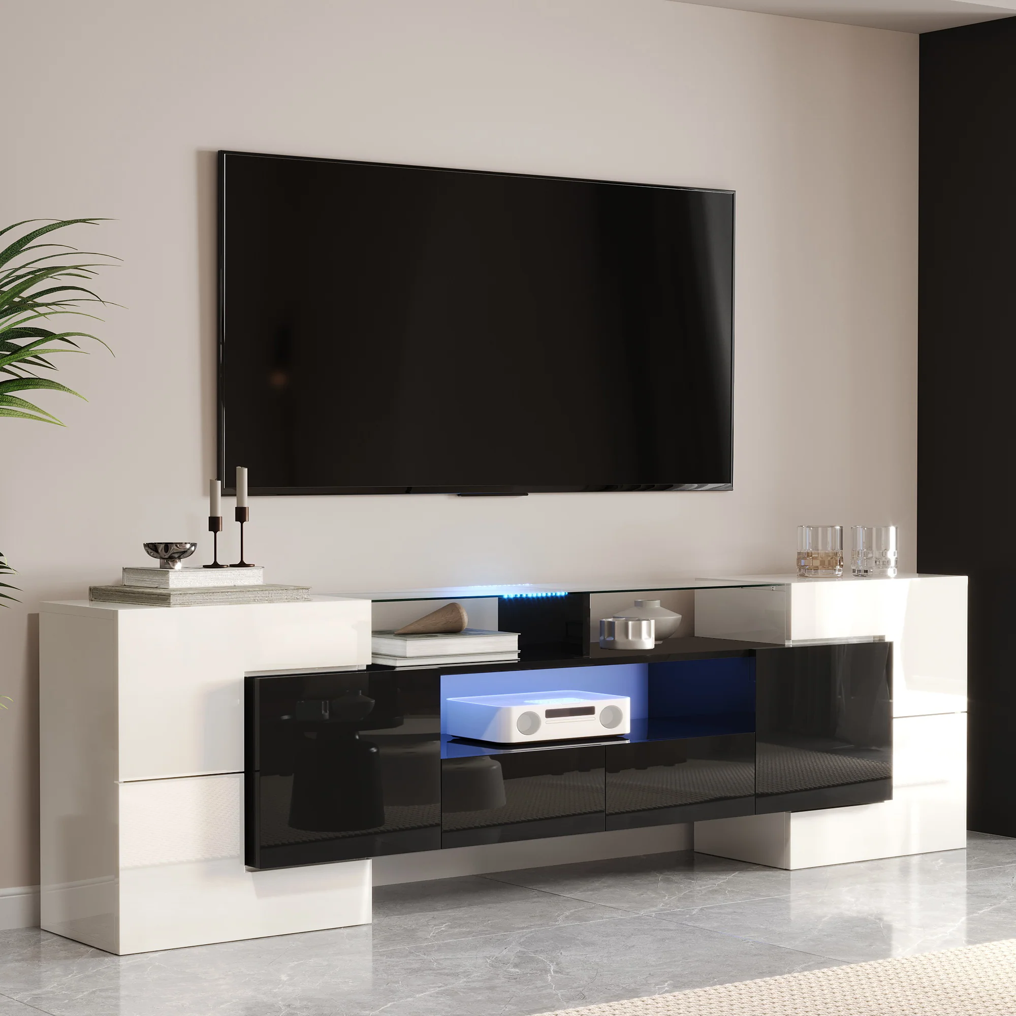 TV Cabinet Low Panel 200 cm LED Lighting High-Gloss White/Black with Glass Surface - Image 3