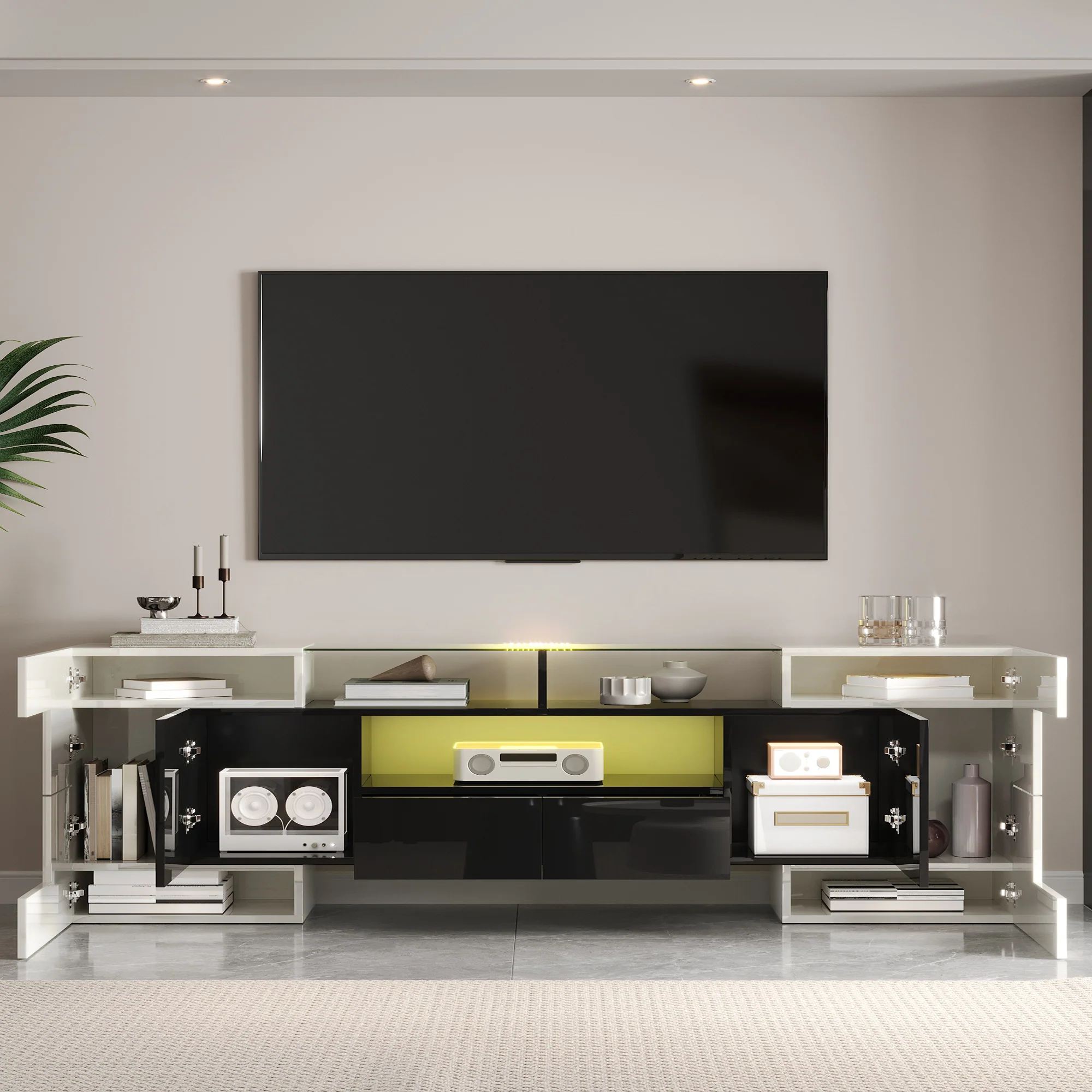 TV Cabinet Low Panel 200 cm LED Lighting High-Gloss White/Black with Glass Surface - Image 4