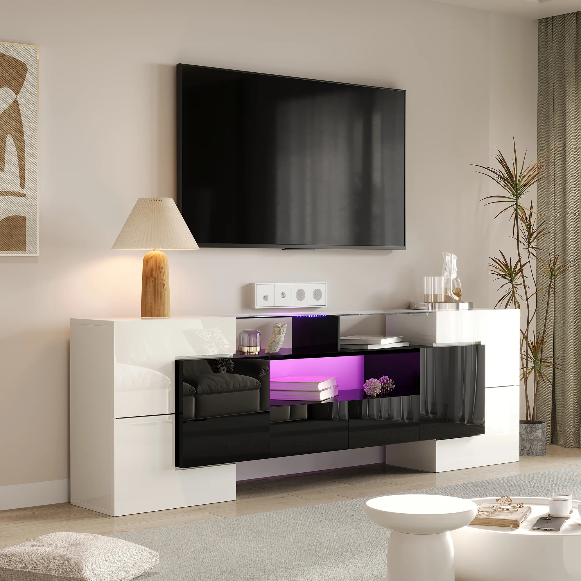 TV Cabinet Low Panel 200 cm LED Lighting High-Gloss White/Black with Glass Surface - Image 5