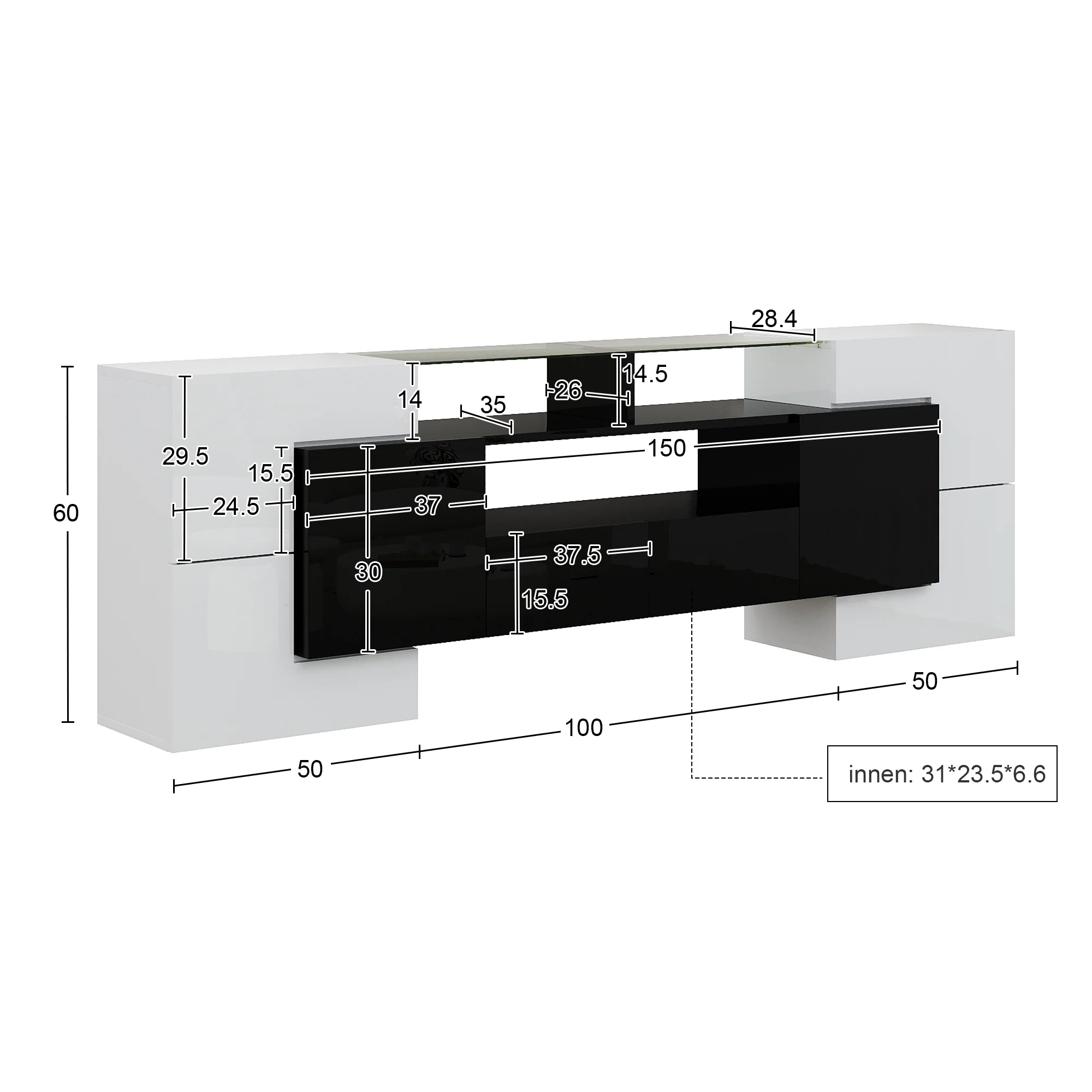 TV Cabinet Low Panel 200 cm LED Lighting High-Gloss White/Black with Glass Surface - Image 6