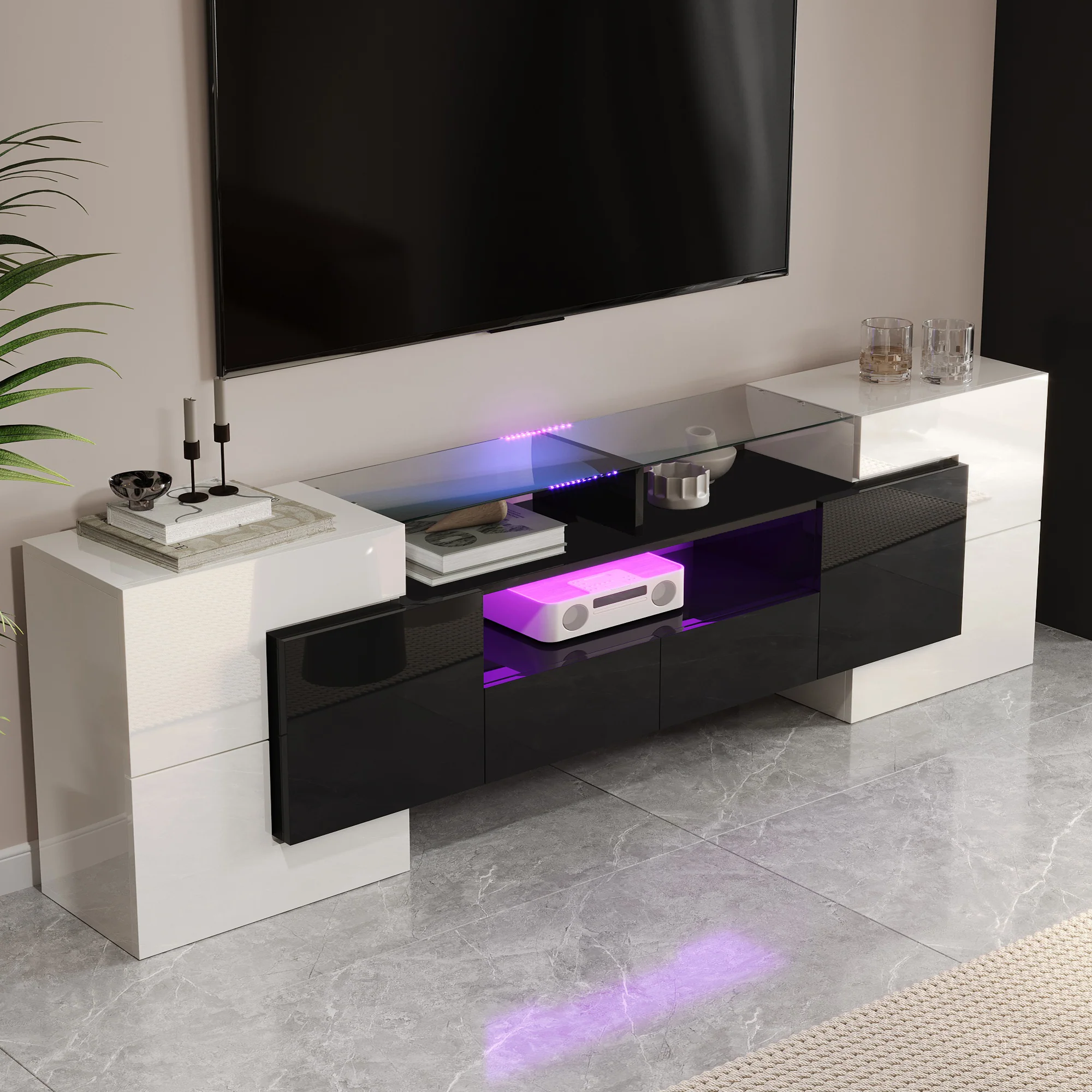 TV Cabinet Low Panel 200 cm LED Lighting High-Gloss White/Black with Glass Surface - Image 7