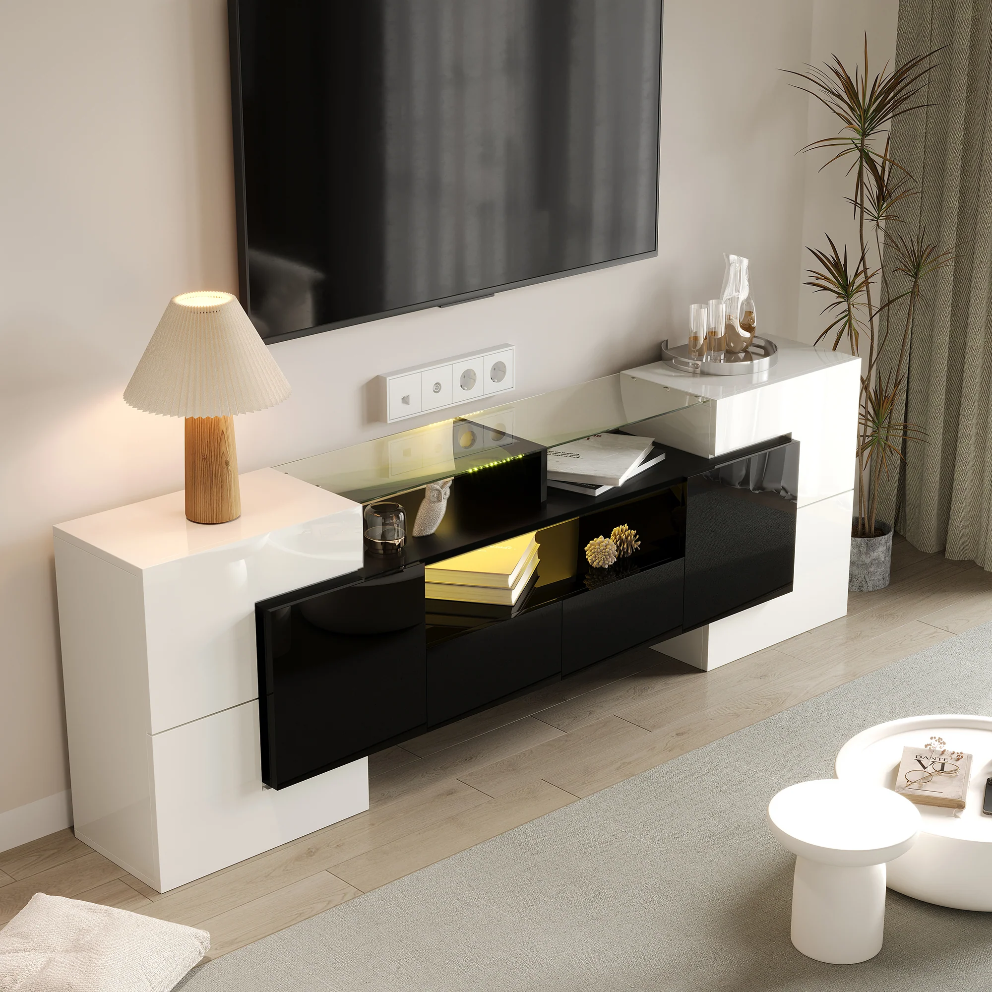 TV Cabinet Low Panel 200 cm LED Lighting High-Gloss White/Black with Glass Surface - Image 8