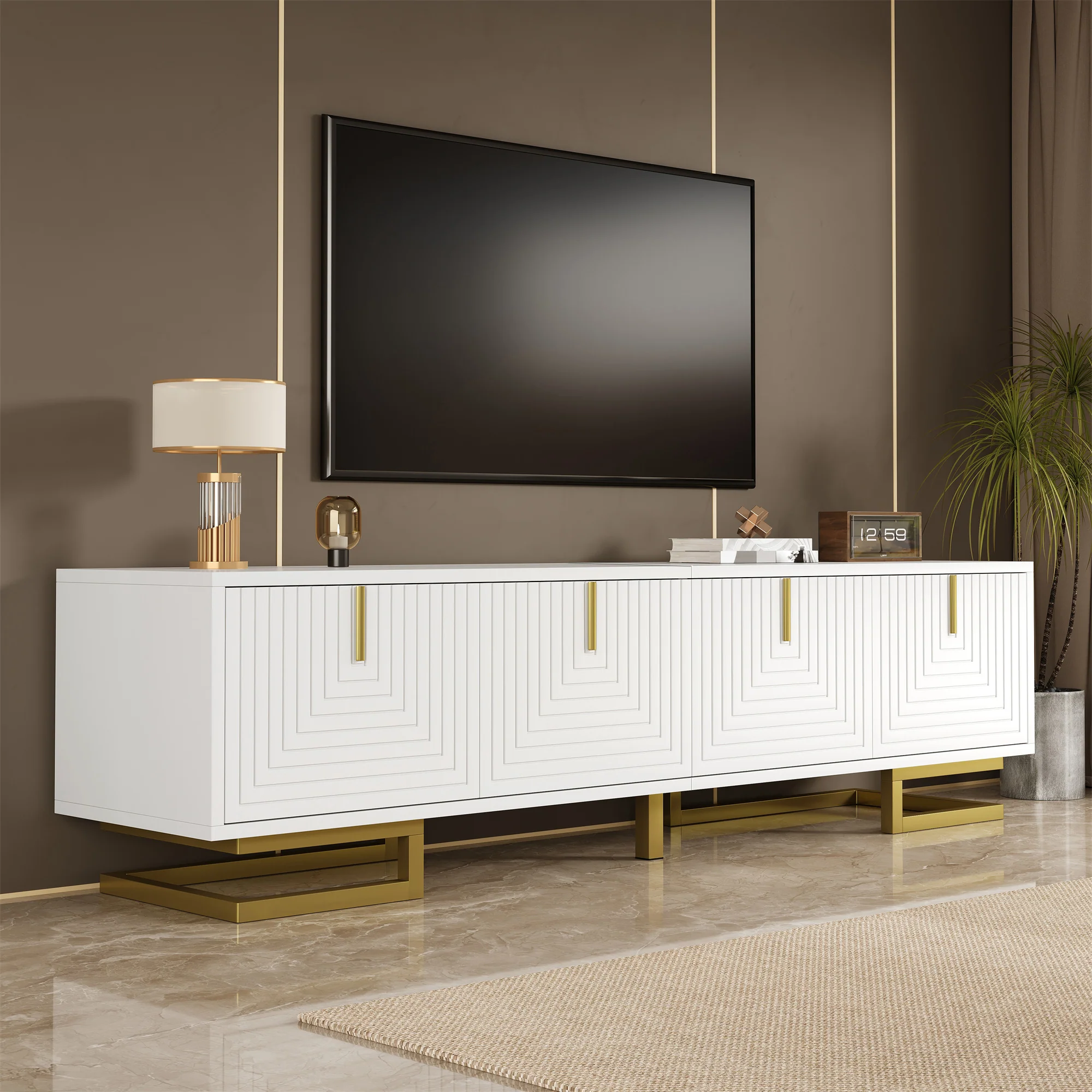 TV Cabinet Lowboard Textured Doors Gold Handles and Legs