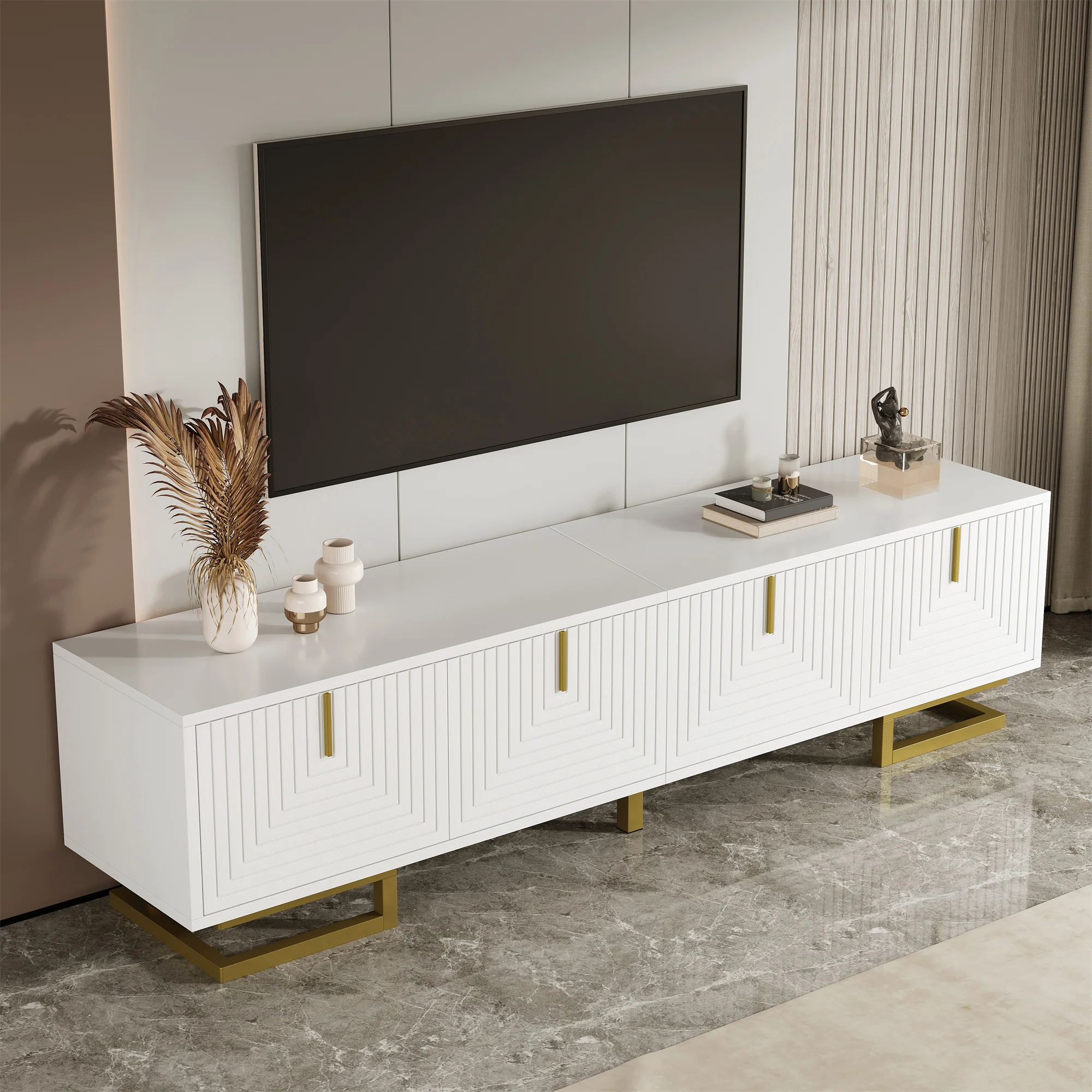 TV Cabinet Lowboard Textured Doors Gold Handles and Legs - Image 3
