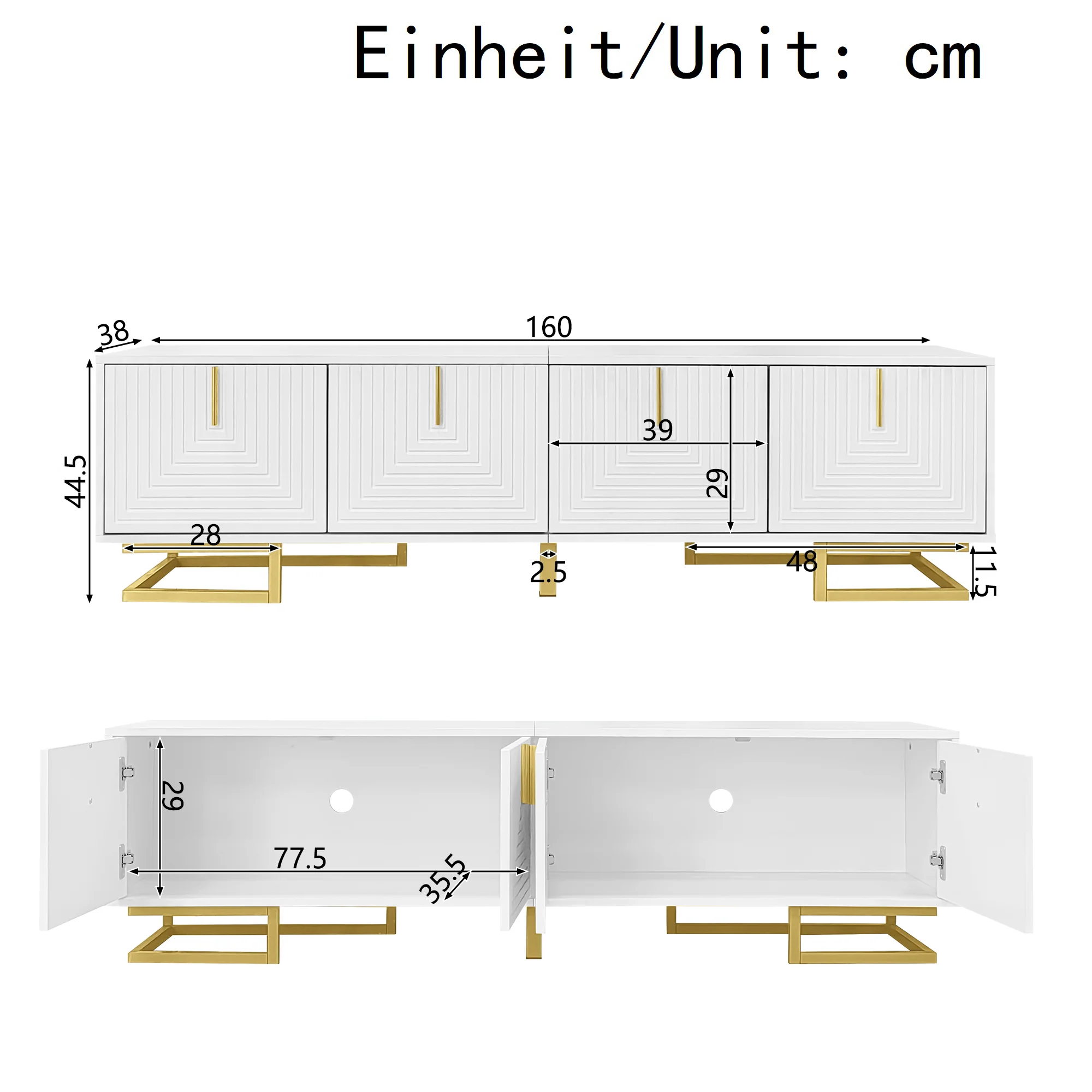 TV Cabinet Lowboard Textured Doors Gold Handles and Legs - Image 4