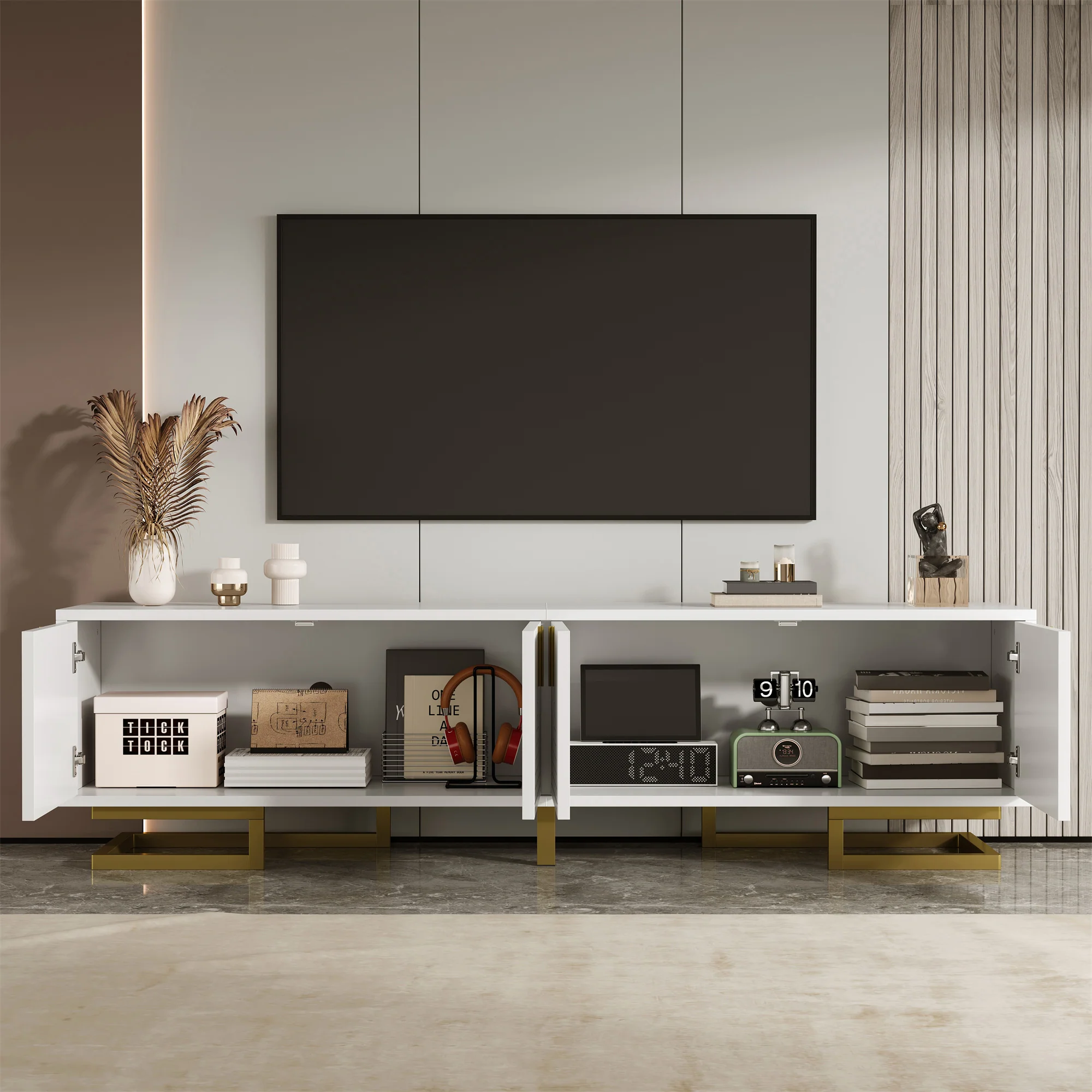 TV Cabinet Lowboard Textured Doors Gold Handles and Legs - Image 5