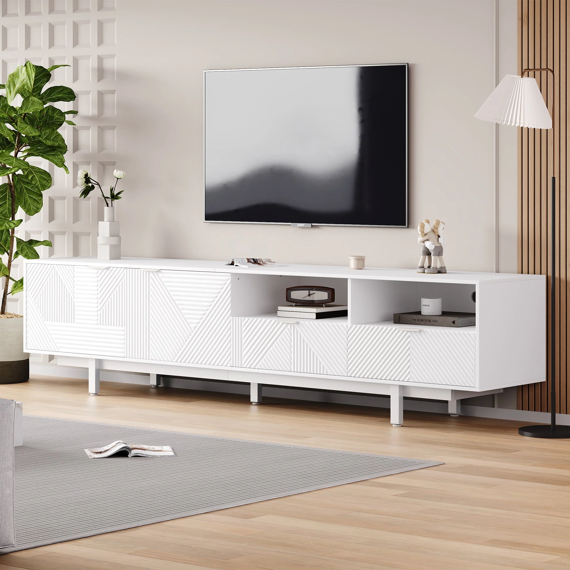 TV Cabinet, Modern Bohemian White Geometric Lines with Storage Space, for 90 inch TVs - Image 2