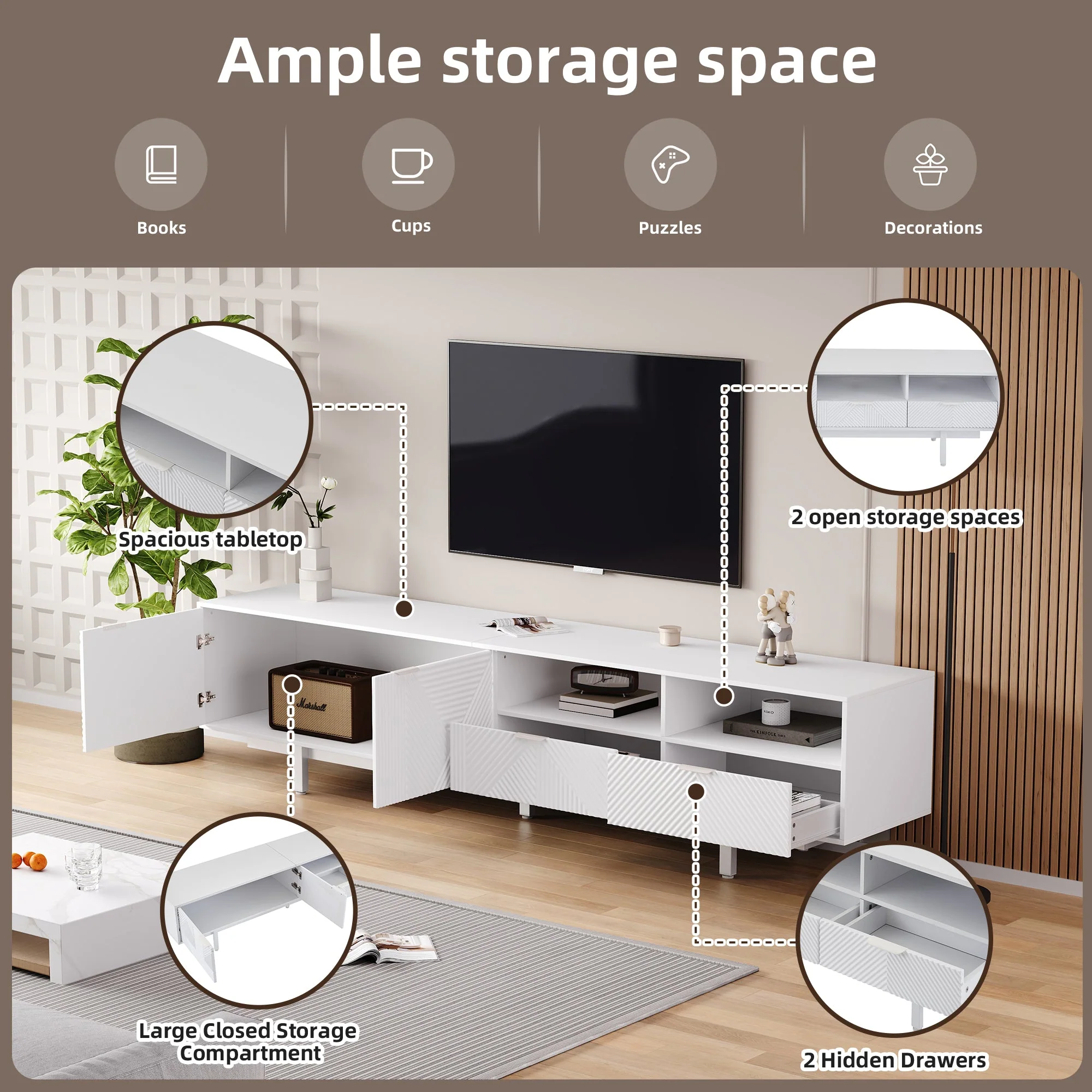TV Cabinet, Modern Bohemian White Geometric Lines with Storage Space, for 90 inch TVs - Image 4
