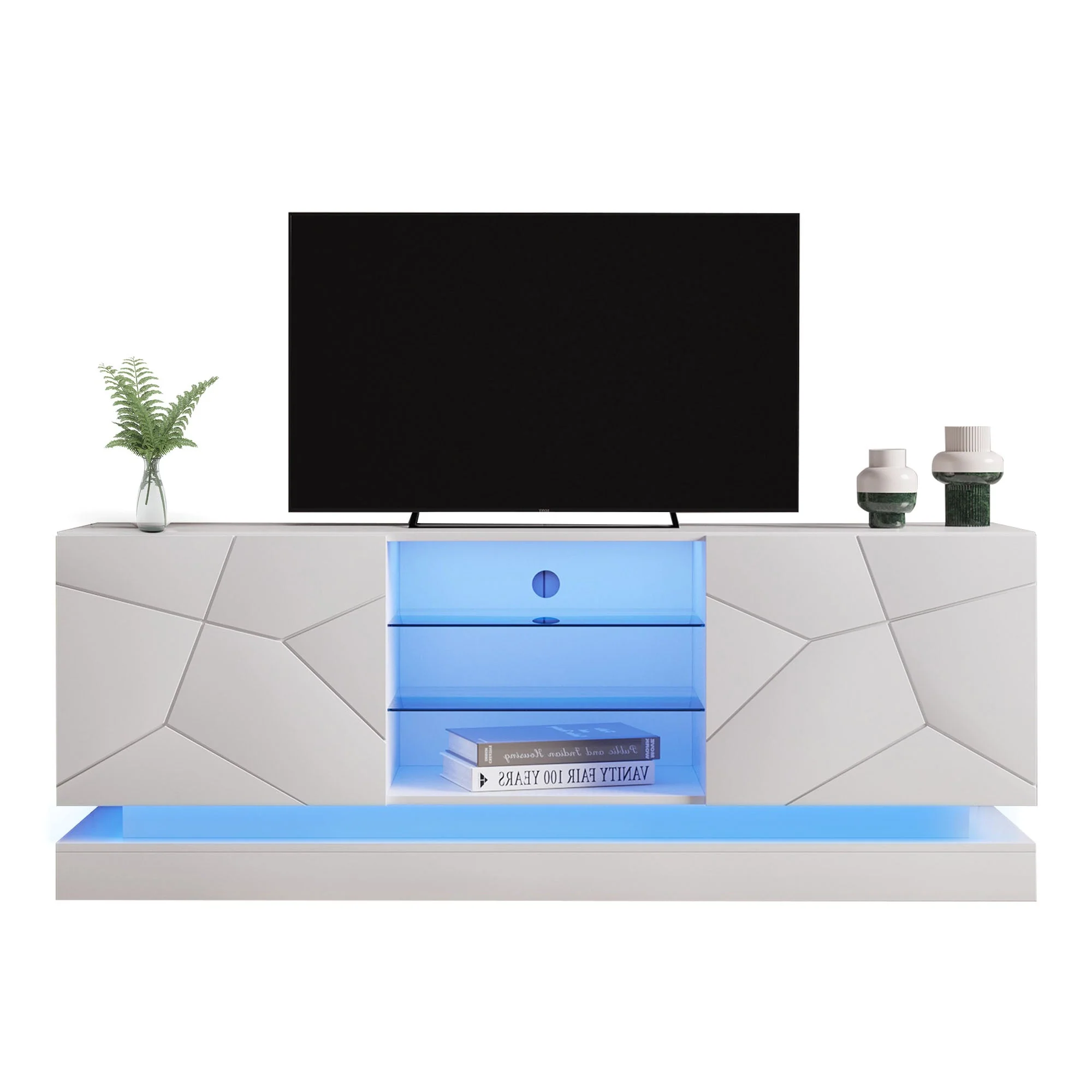 TV Cabinet Stand Unit, LED Modern Entertainment Center for 70" TV, High Gloss
