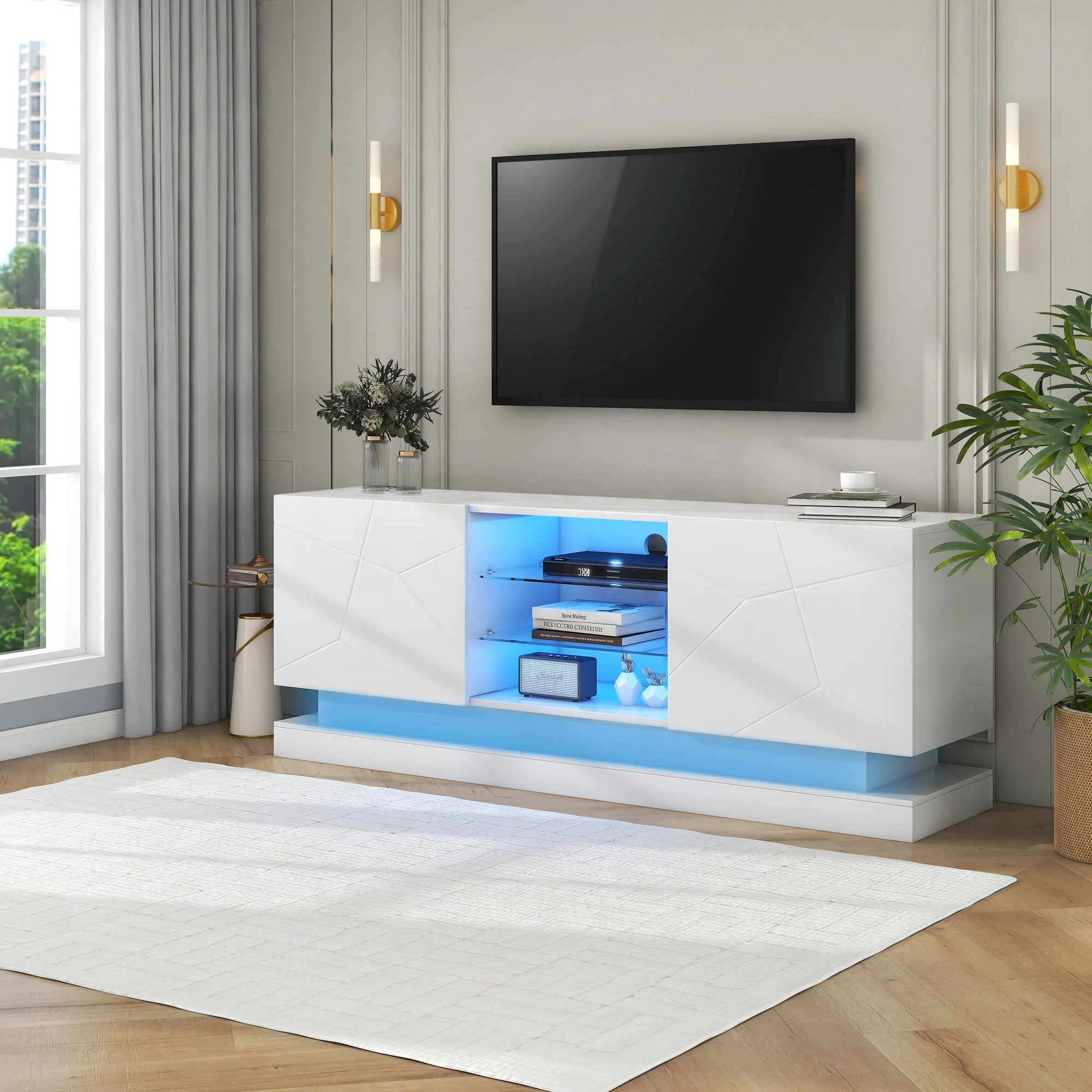 TV Cabinet Stand Unit, LED Modern Entertainment Center for 70" TV, High Gloss - Image 2