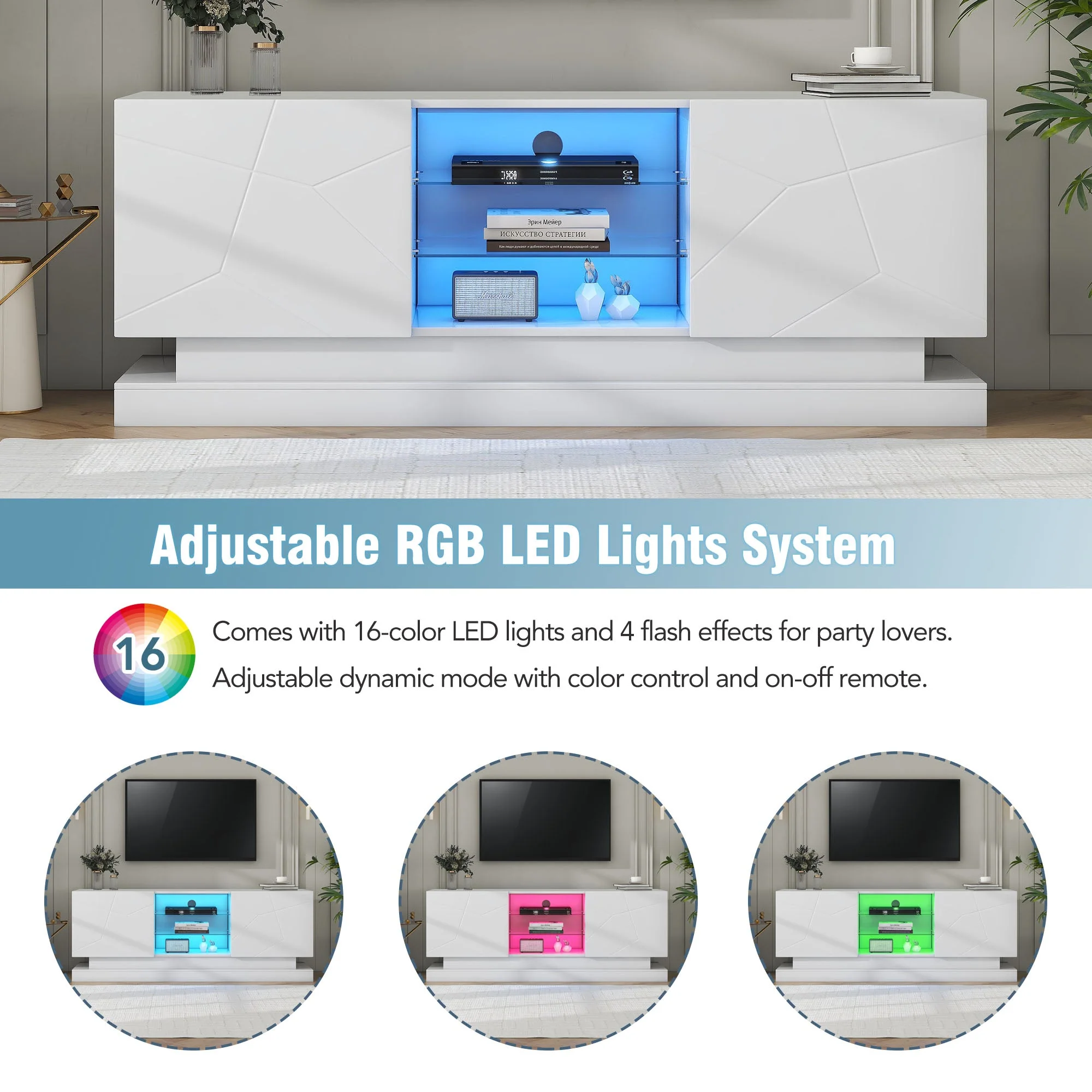 TV Cabinet Stand Unit, LED Modern Entertainment Center for 70" TV, High Gloss - Image 3