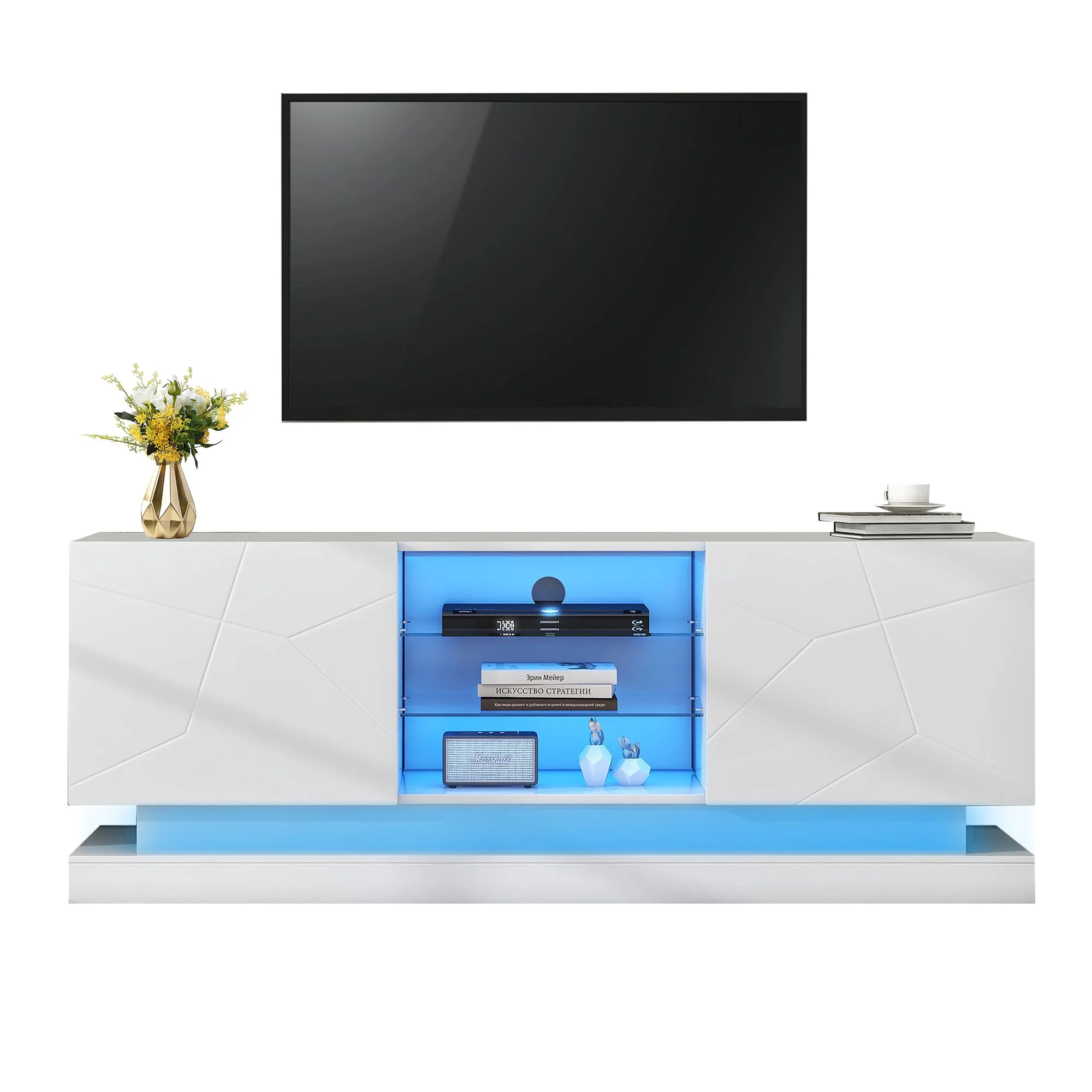 TV Cabinet Stand Unit, LED Modern Entertainment Center for 70" TV, High Gloss - Image 5
