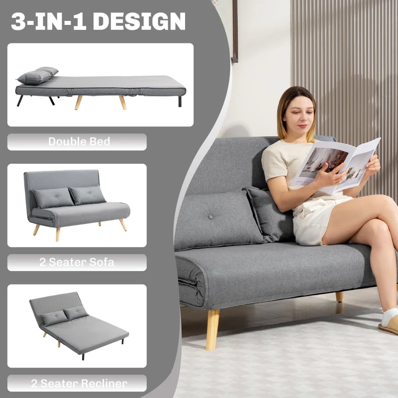 Two-Seater Sofa Bed, Linen-Look, Grey - Image 4