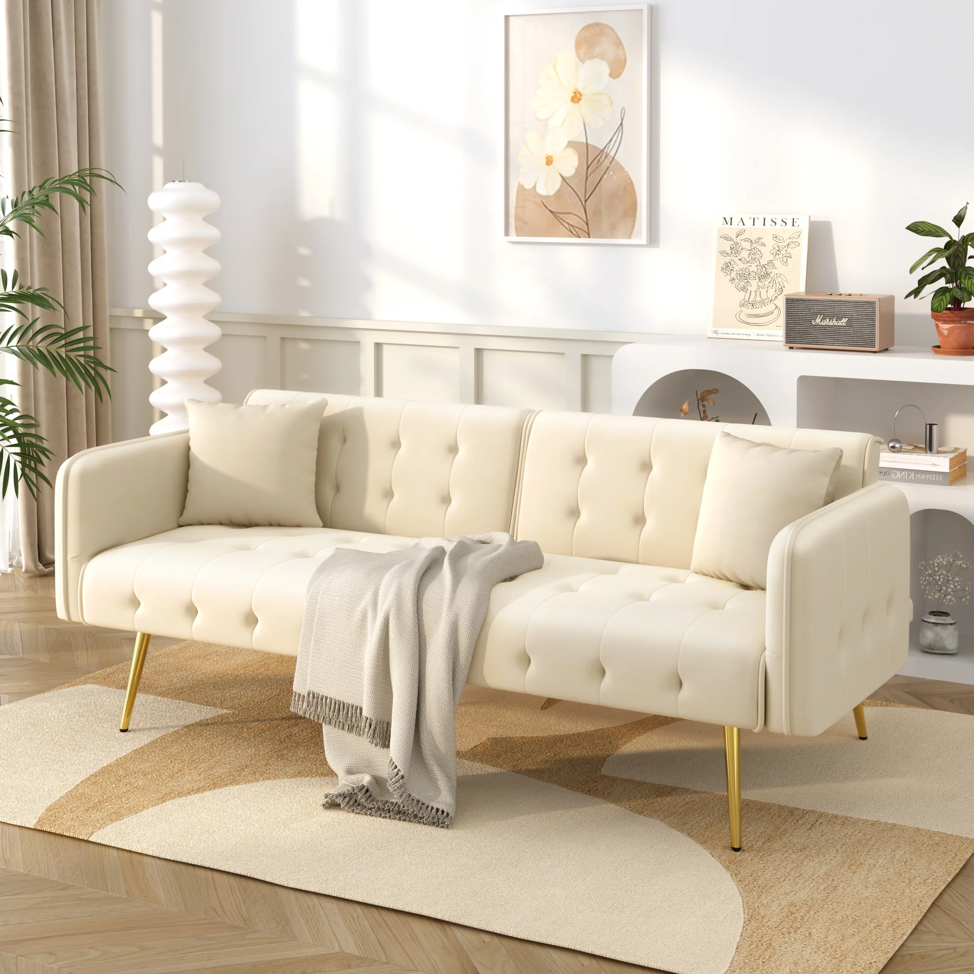 Two-seater Sofa Bed Multifunctional Adjustable Backrest Velour Upholstery - Image 2