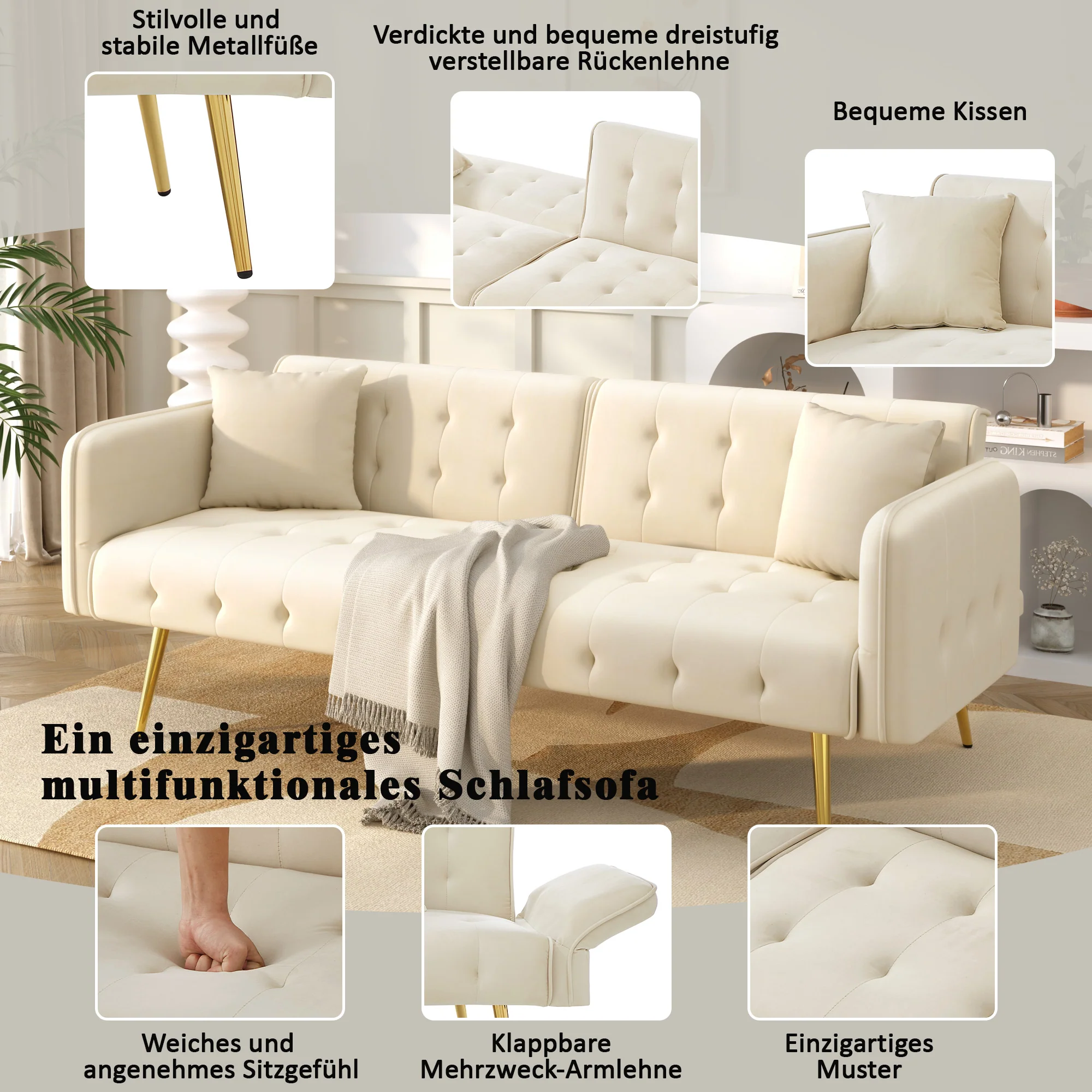 Two-seater Sofa Bed Multifunctional Adjustable Backrest Velour Upholstery - Image 4