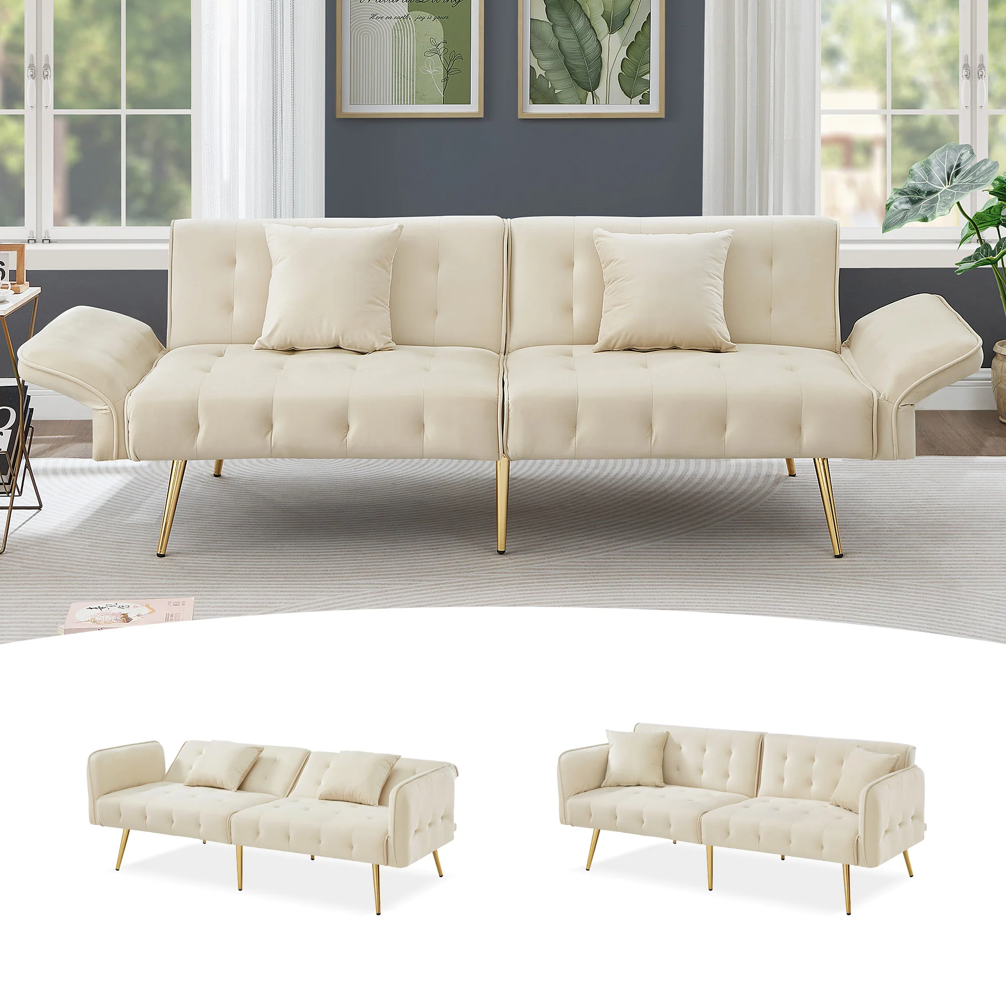 Two-seater Sofa Bed Multifunctional Adjustable Backrest Velour Upholstery - Image 6