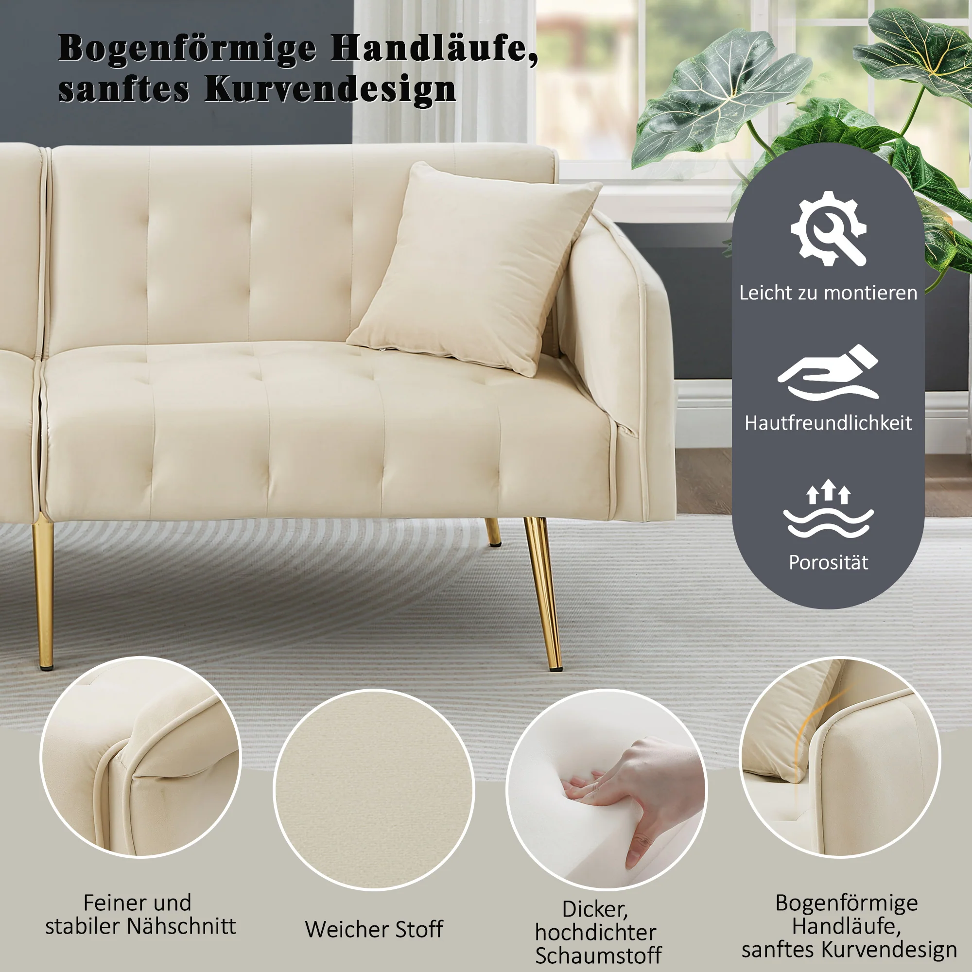 Two-seater Sofa Bed Multifunctional Adjustable Backrest Velour Upholstery - Image 7