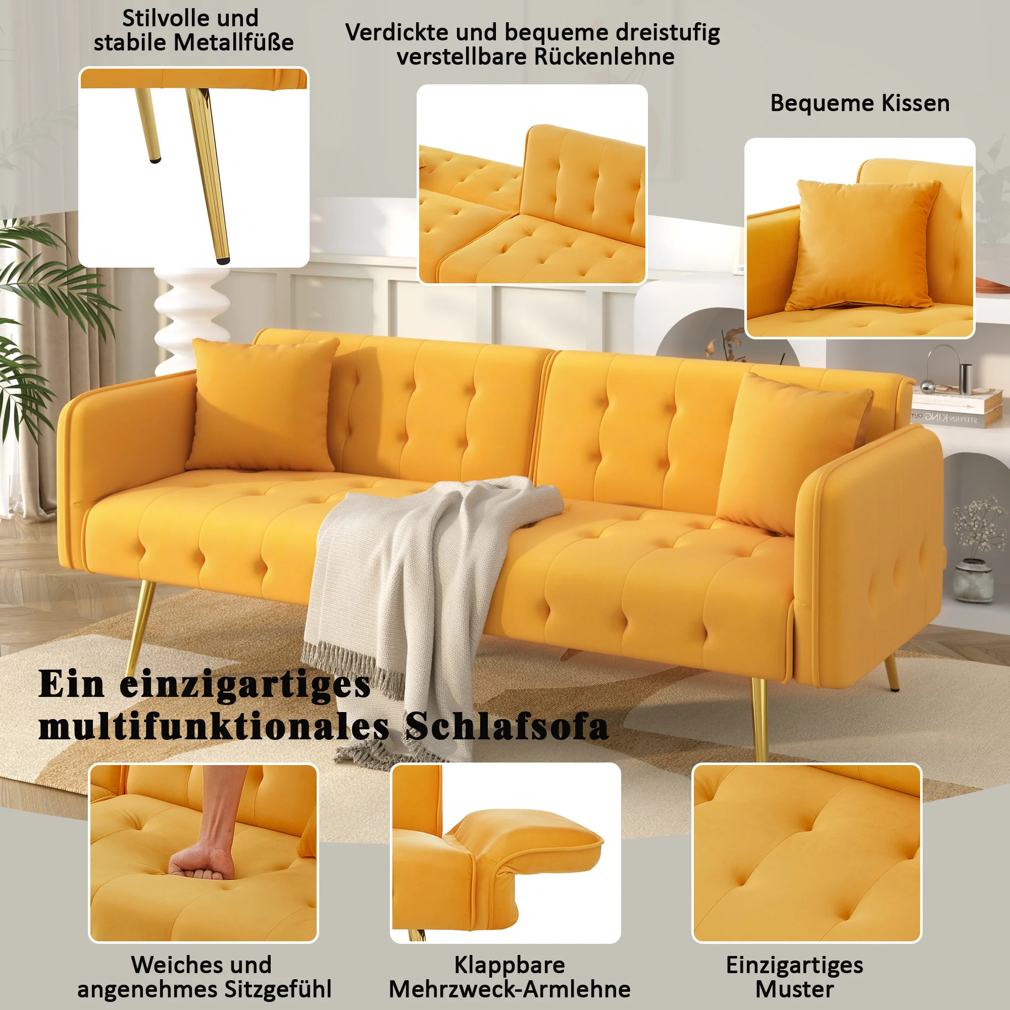 Two-seater Sofa Bed Multifunctional Adjustable Folding Velour Upholstery - Image 4