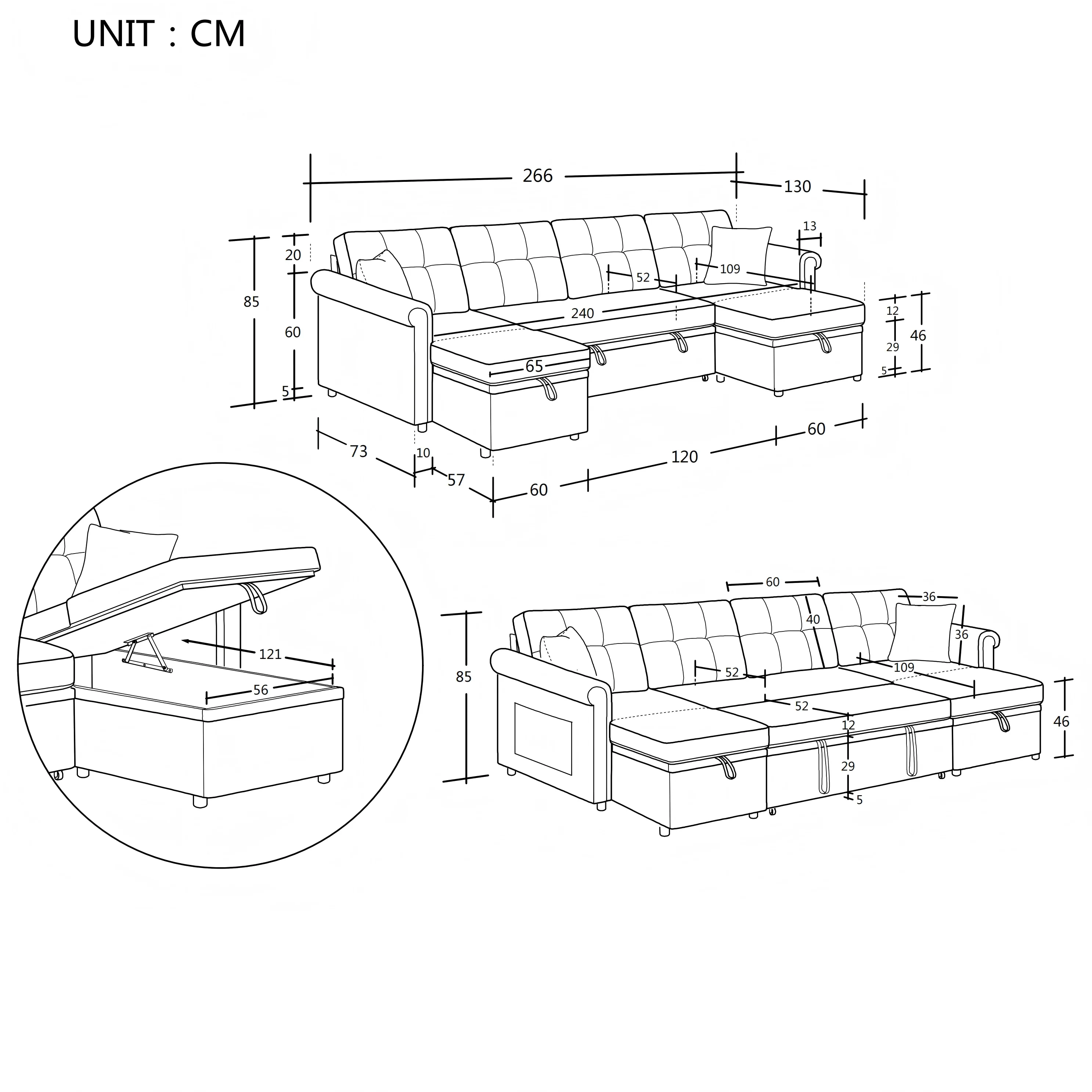 U-shaped Corner Sofa Sleeper Storage Couch - Chenille Beige - Image 2