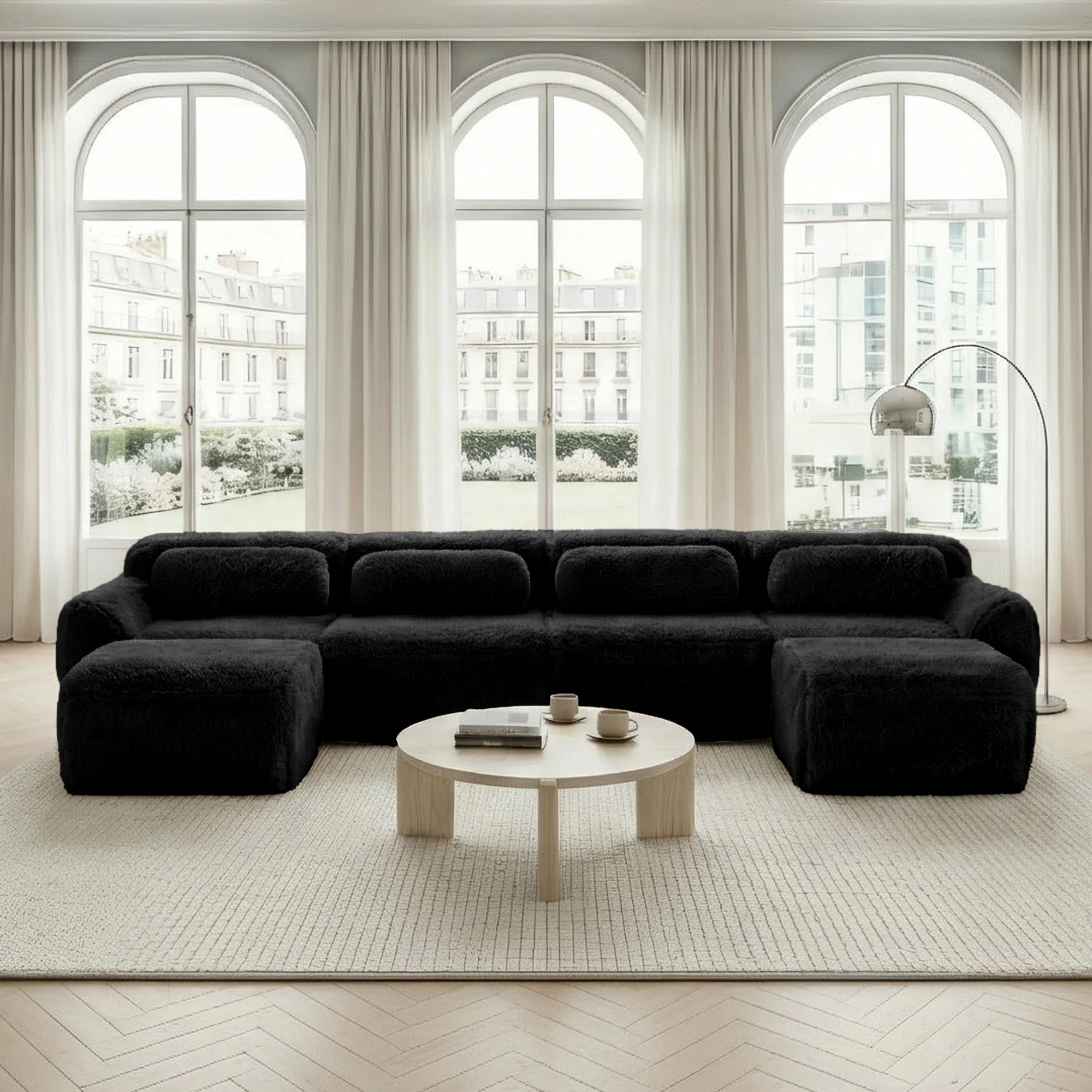 U-shaped Modular Sofa Freely Combinable No Assembly - Plush Black - Image 2