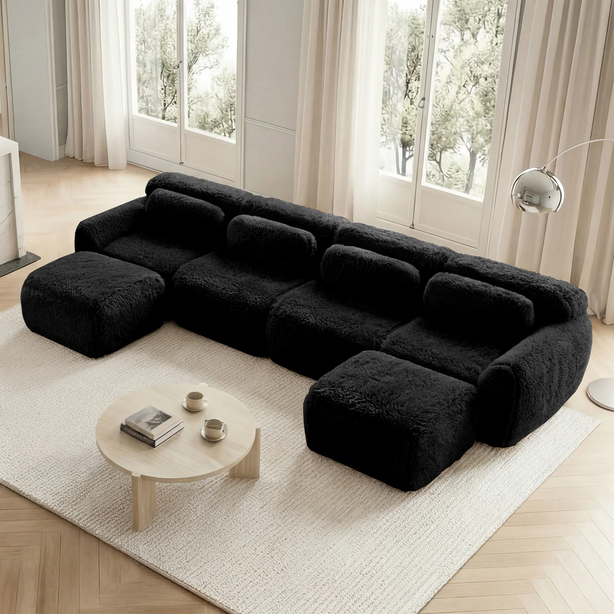 U-shaped Modular Sofa Freely Combinable No Assembly - Plush Black - Image 3