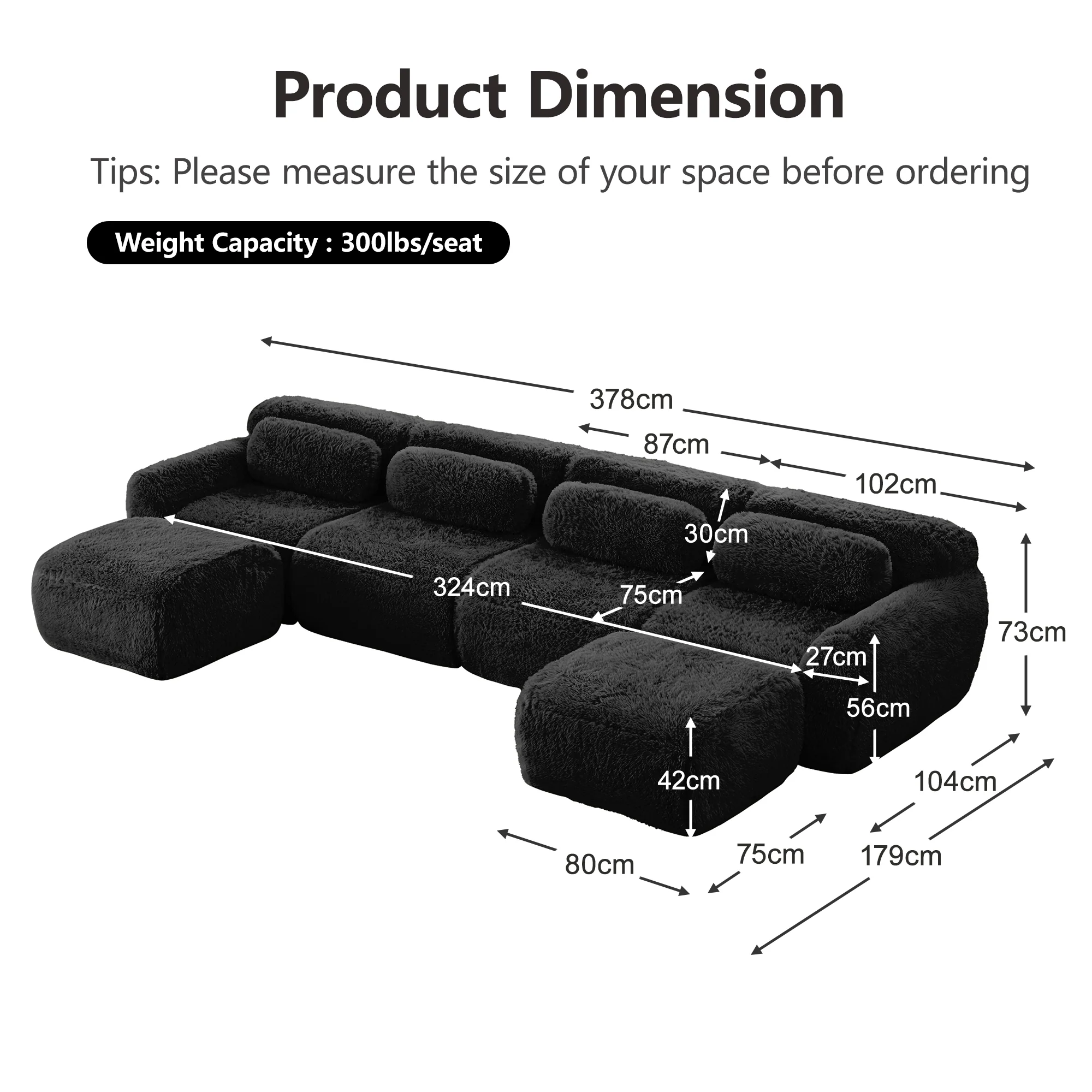 U-shaped Modular Sofa Freely Combinable No Assembly - Plush Black - Image 7