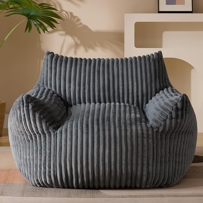 Ultra-Soft Fur Bean Bag Chair High-Density Foam Comfort Black Corduroy