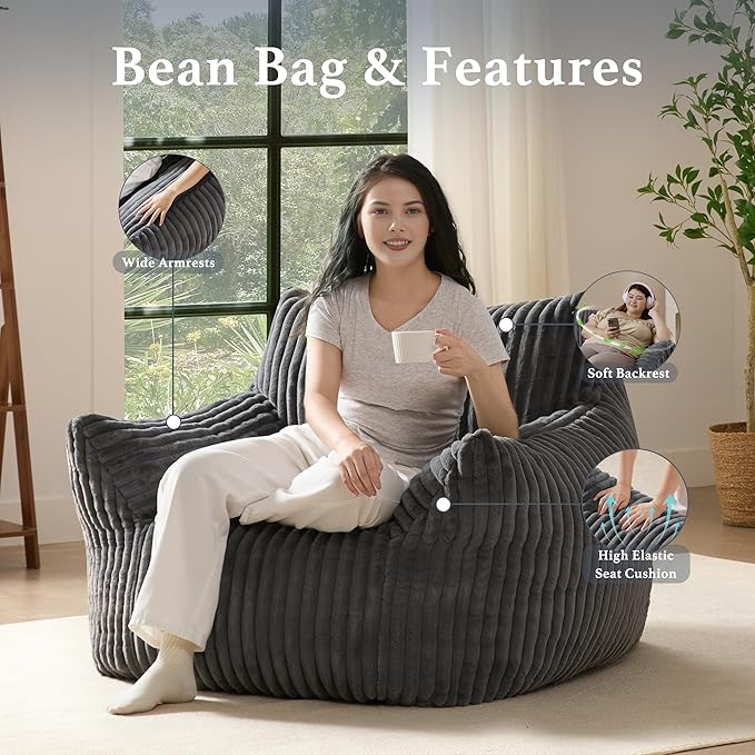 Ultra-Soft Fur Bean Bag Chair High-Density Foam Comfort Black Corduroy - Image 2