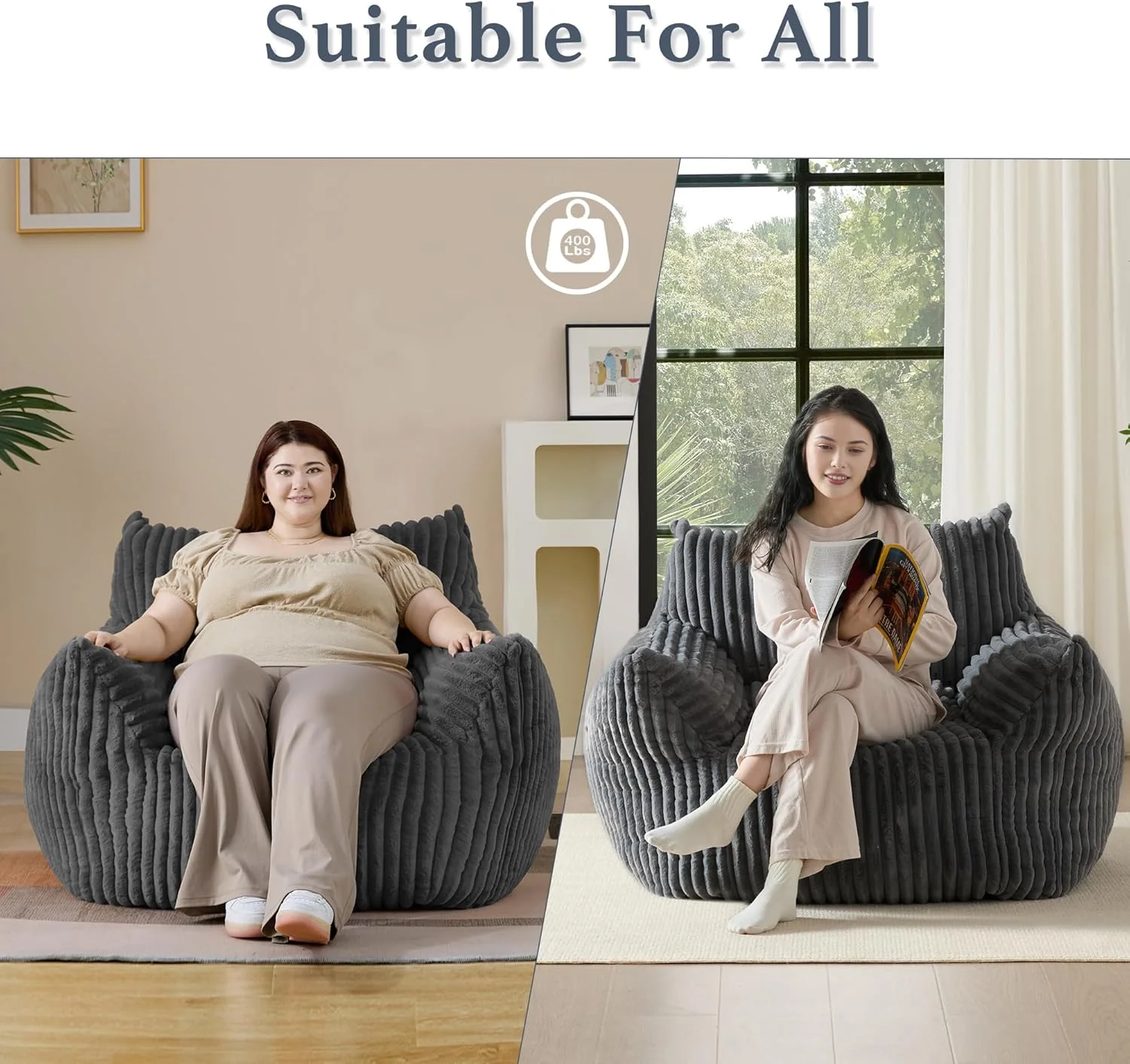 Ultra-Soft Fur Bean Bag Chair High-Density Foam Comfort Black Corduroy - Image 3
