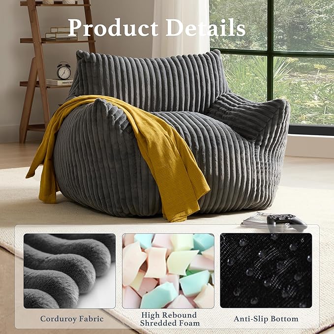 Ultra-Soft Fur Bean Bag Chair High-Density Foam Comfort Black Corduroy - Image 5