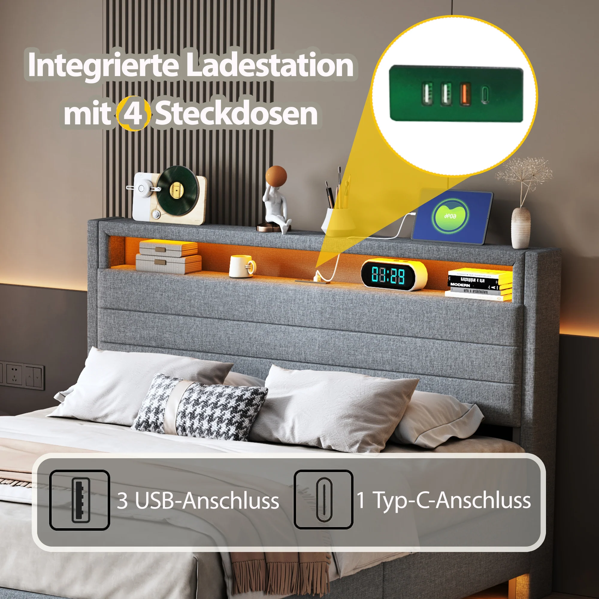 Upholstered Bed 140x200 cm, Hydraulic Floating with Storage, USB & LED, Reversible Headboard, Linen Grey - Image 4