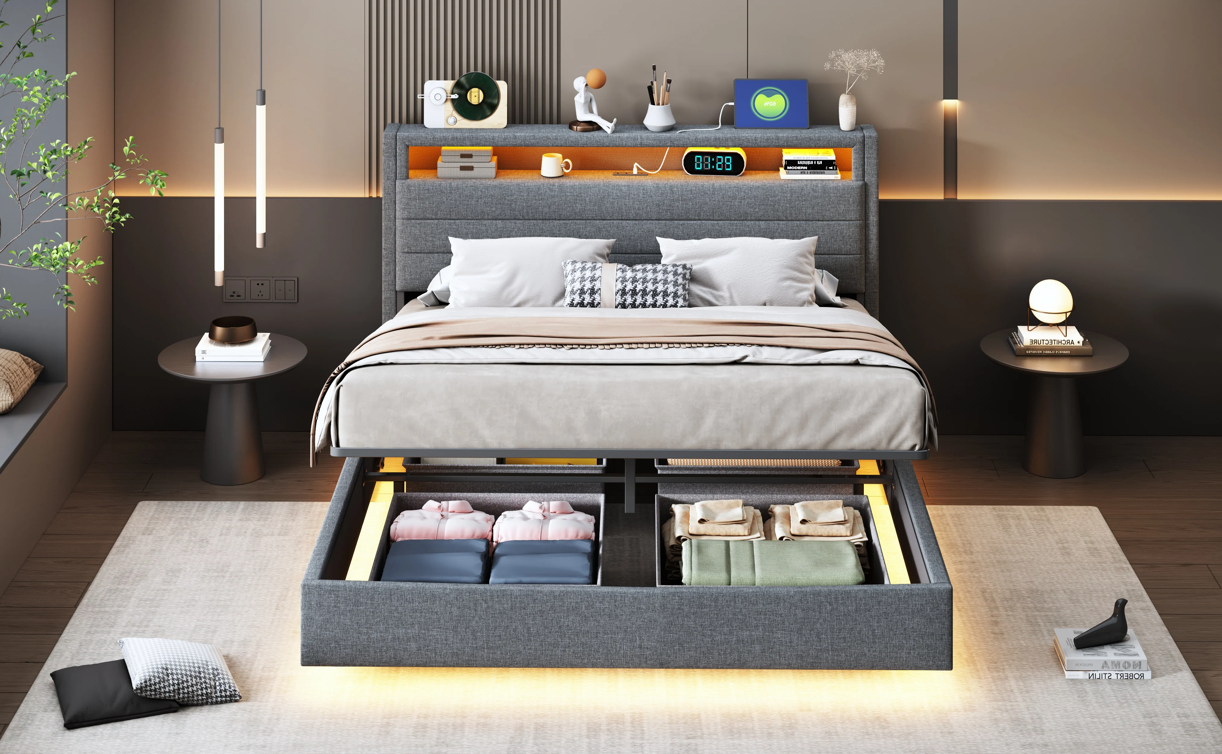 Upholstered Bed 140x200 cm, Hydraulic Floating with Storage, USB & LED, Reversible Headboard, Linen Grey - Image 7