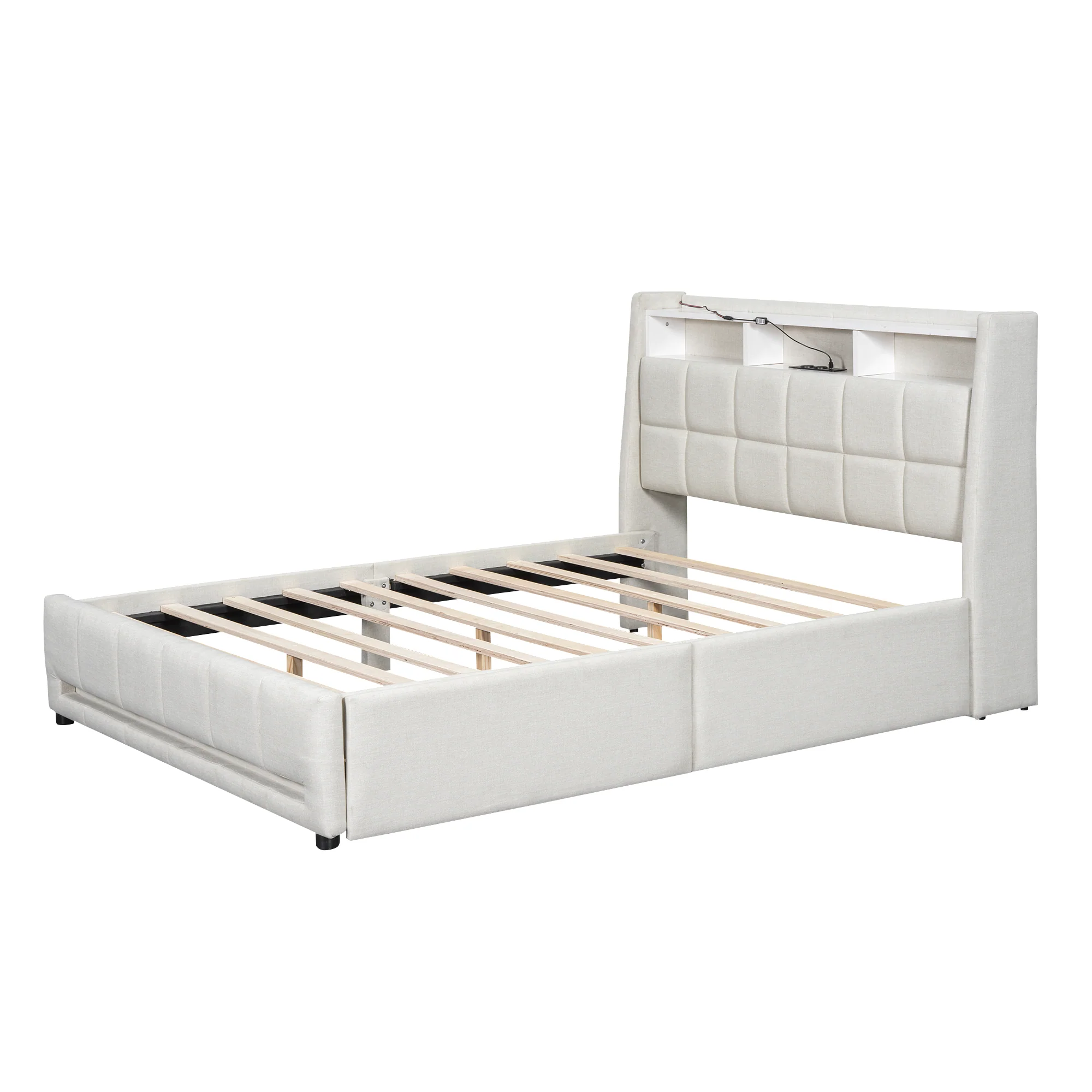 Upholstered Bed 140x200cm App Control LED Drawers USB/Sockets - Linen Beige - Image 10