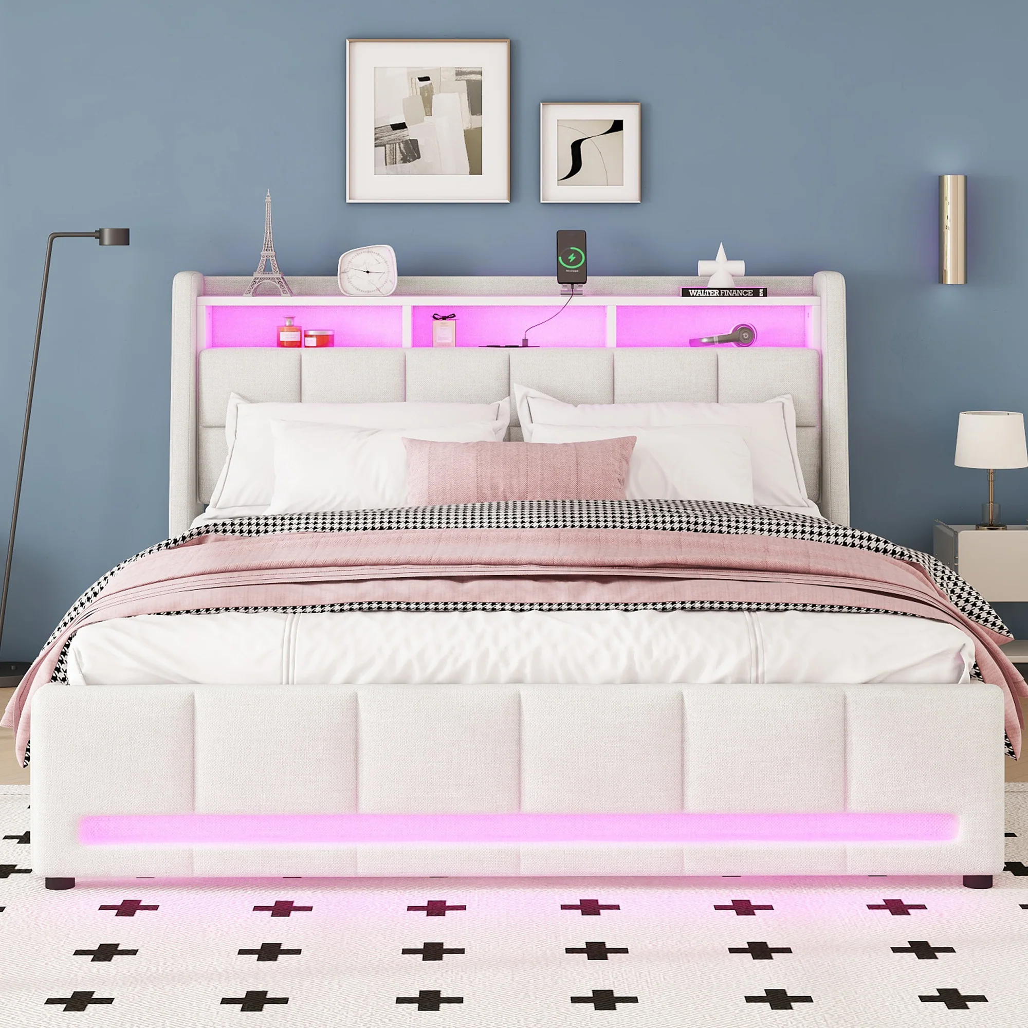 Upholstered Bed 140x200cm App Control LED Drawers USB/Sockets - Linen Beige - Image 2
