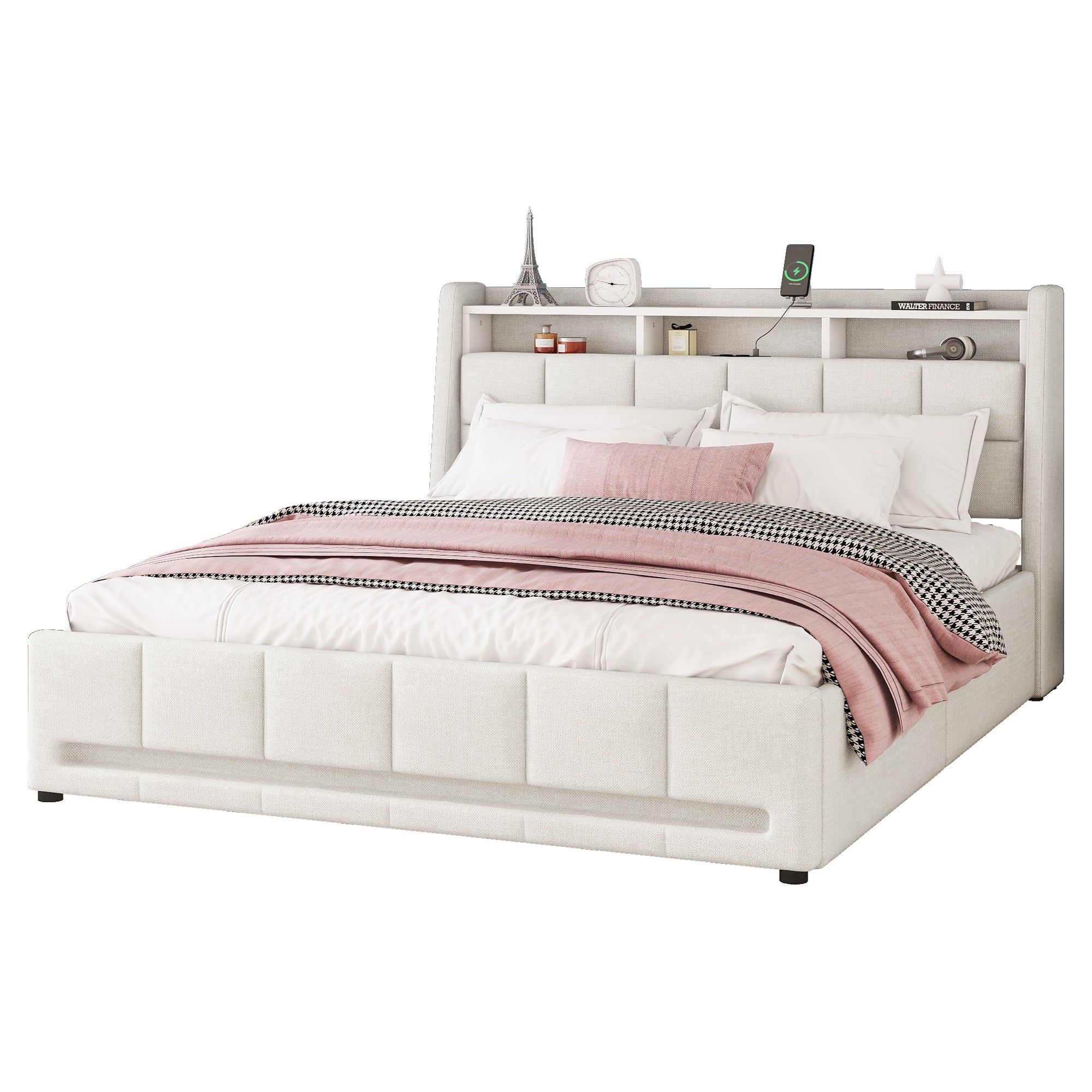 Upholstered Bed 140x200cm App Control LED Drawers USB/Sockets - Linen Beige - Image 6