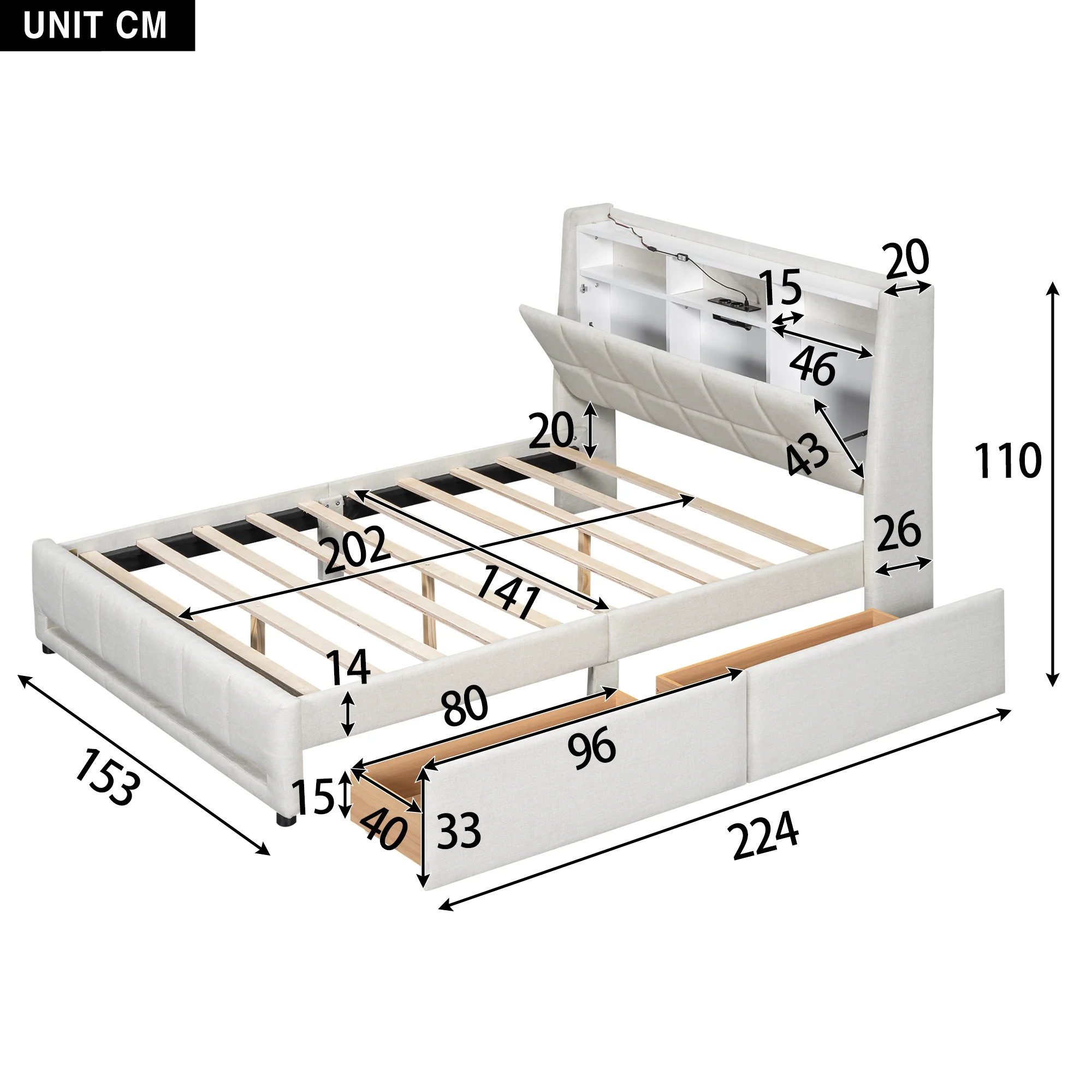 Upholstered Bed 140x200cm App Control LED Drawers USB/Sockets - Linen Beige - Image 8