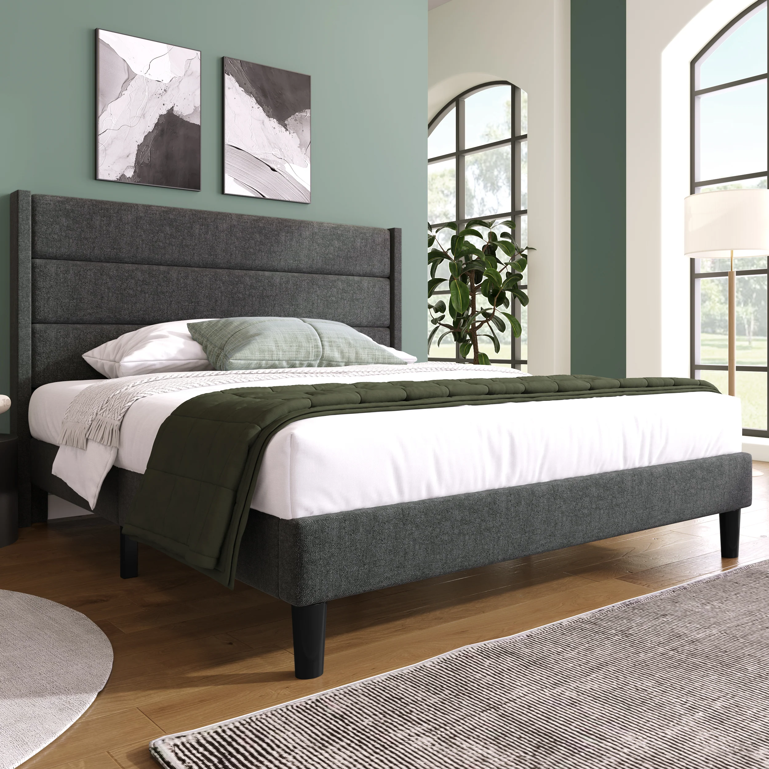 Upholstered Bed 140x200cm, with Slatted Frame & Headboard, Double Bed, Linen Dark Grey