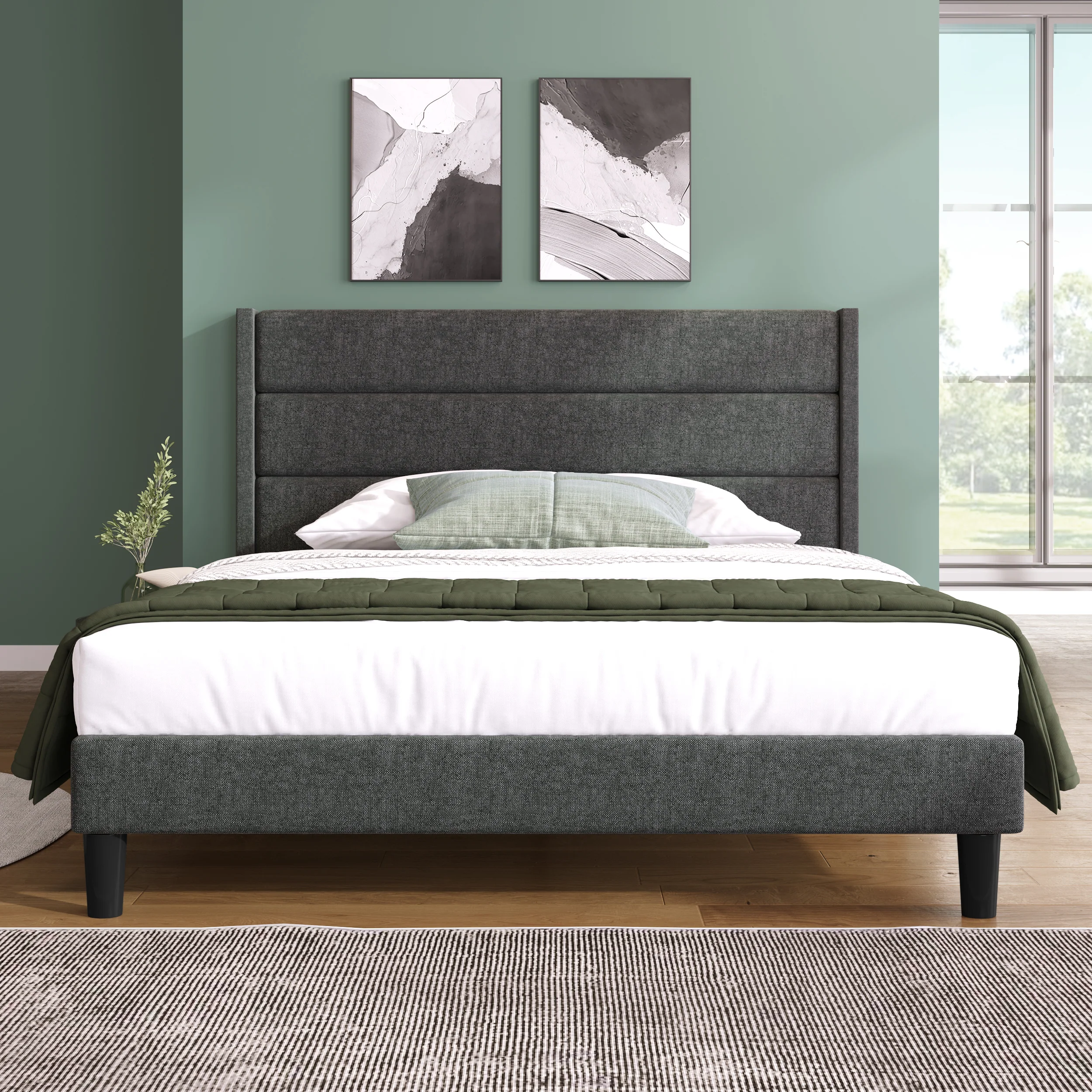 Upholstered Bed 140x200cm, with Slatted Frame & Headboard, Double Bed, Linen Dark Grey - Image 10