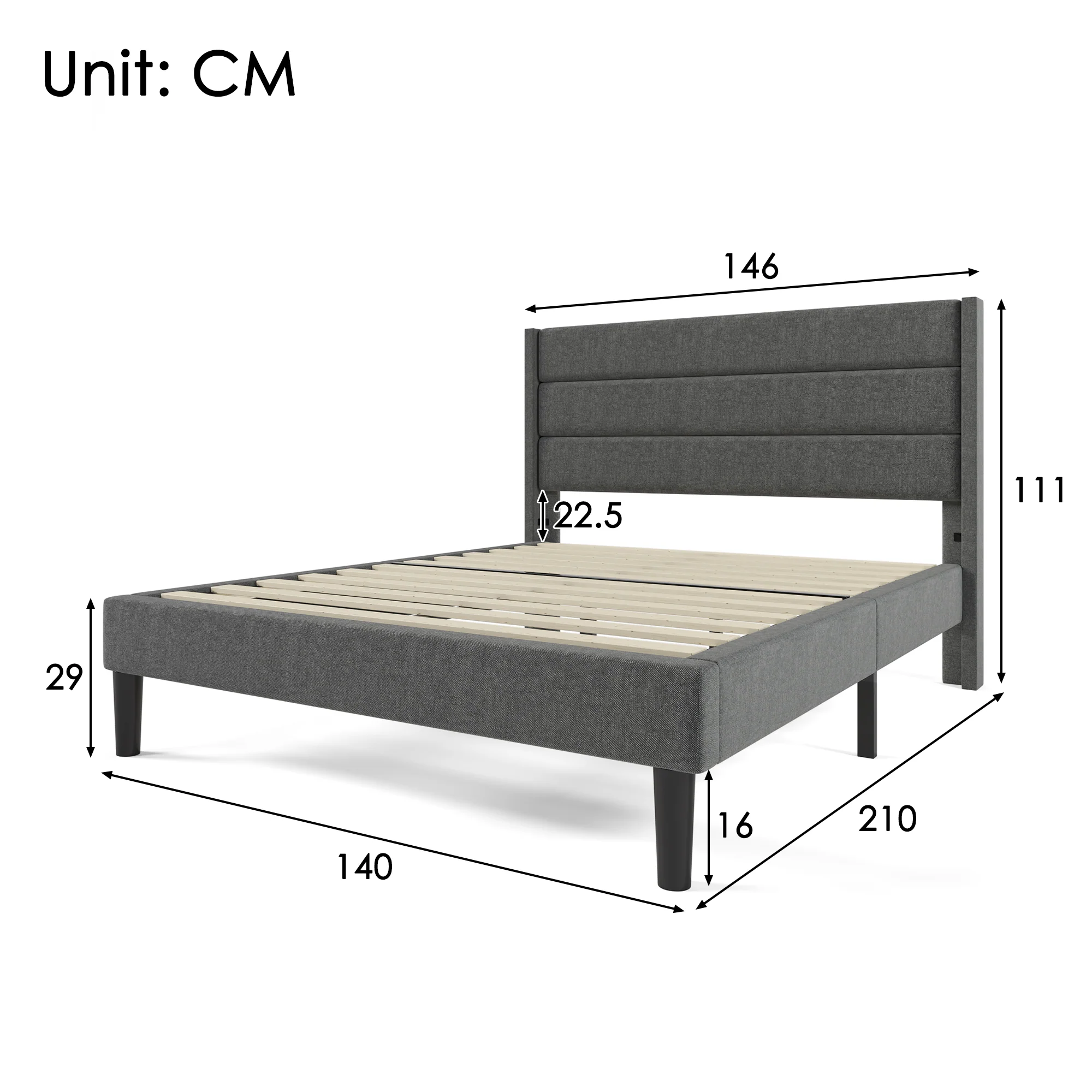 Upholstered Bed 140x200cm, with Slatted Frame & Headboard, Double Bed, Linen Dark Grey - Image 2