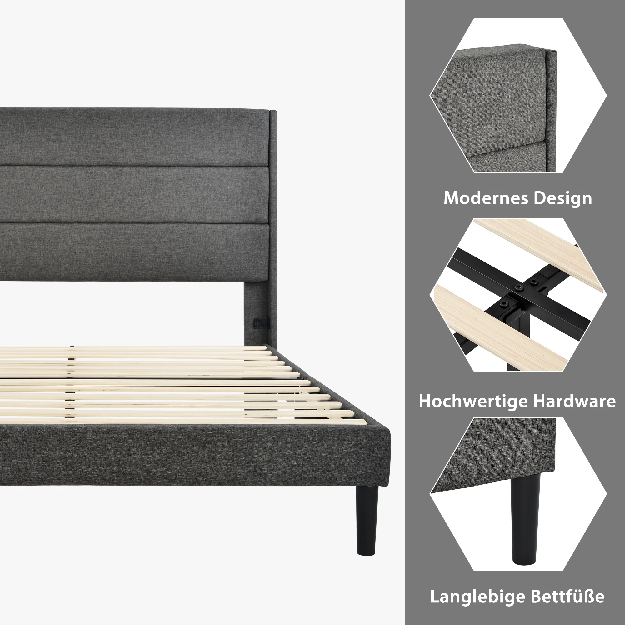 Upholstered Bed 140x200cm, with Slatted Frame & Headboard, Double Bed, Linen Dark Grey - Image 4