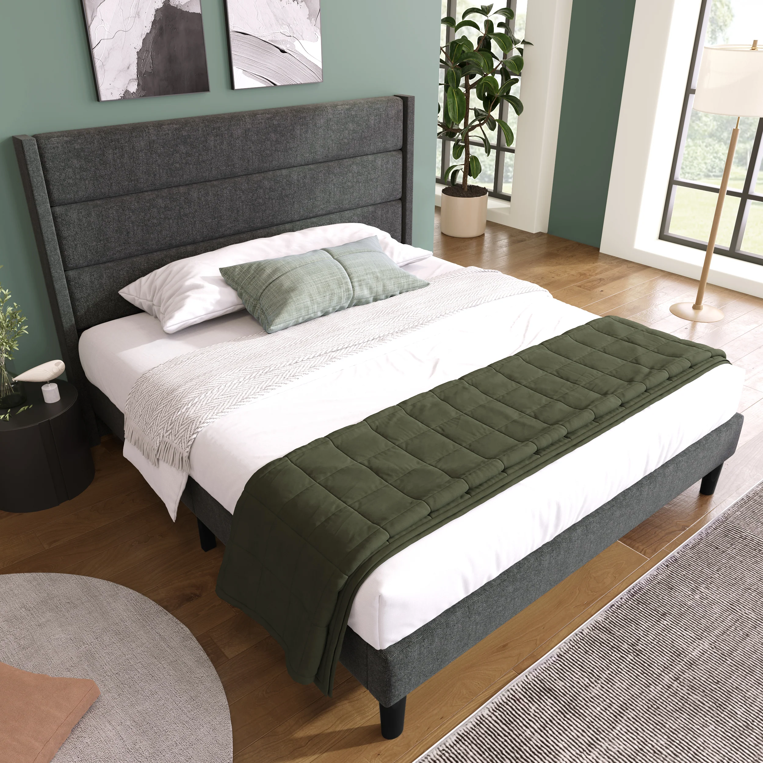 Upholstered Bed 140x200cm, with Slatted Frame & Headboard, Double Bed, Linen Dark Grey - Image 9