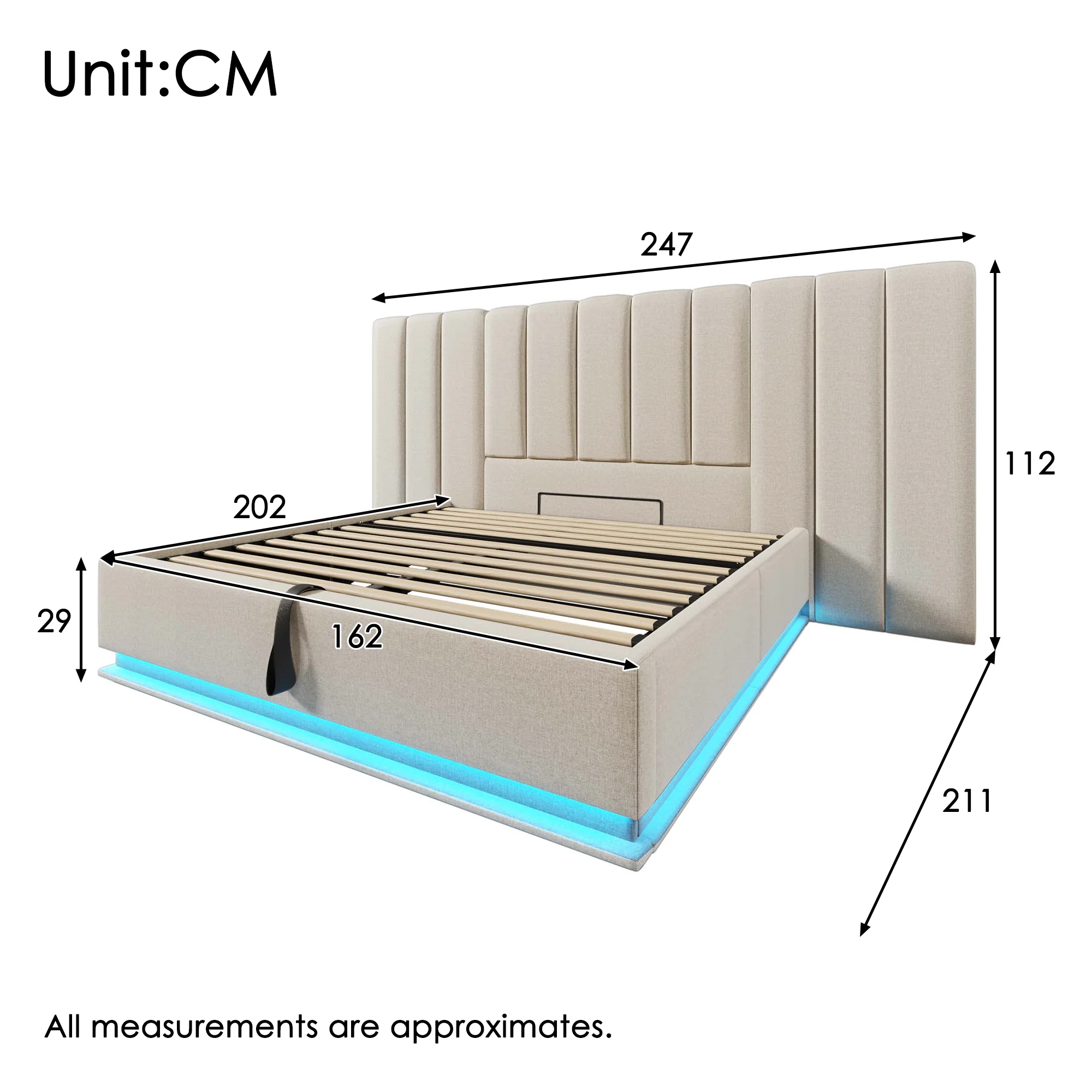 Upholstered Bed 160x200 Storage LED USB-C Slatted Base, Linen Beige - Image 2