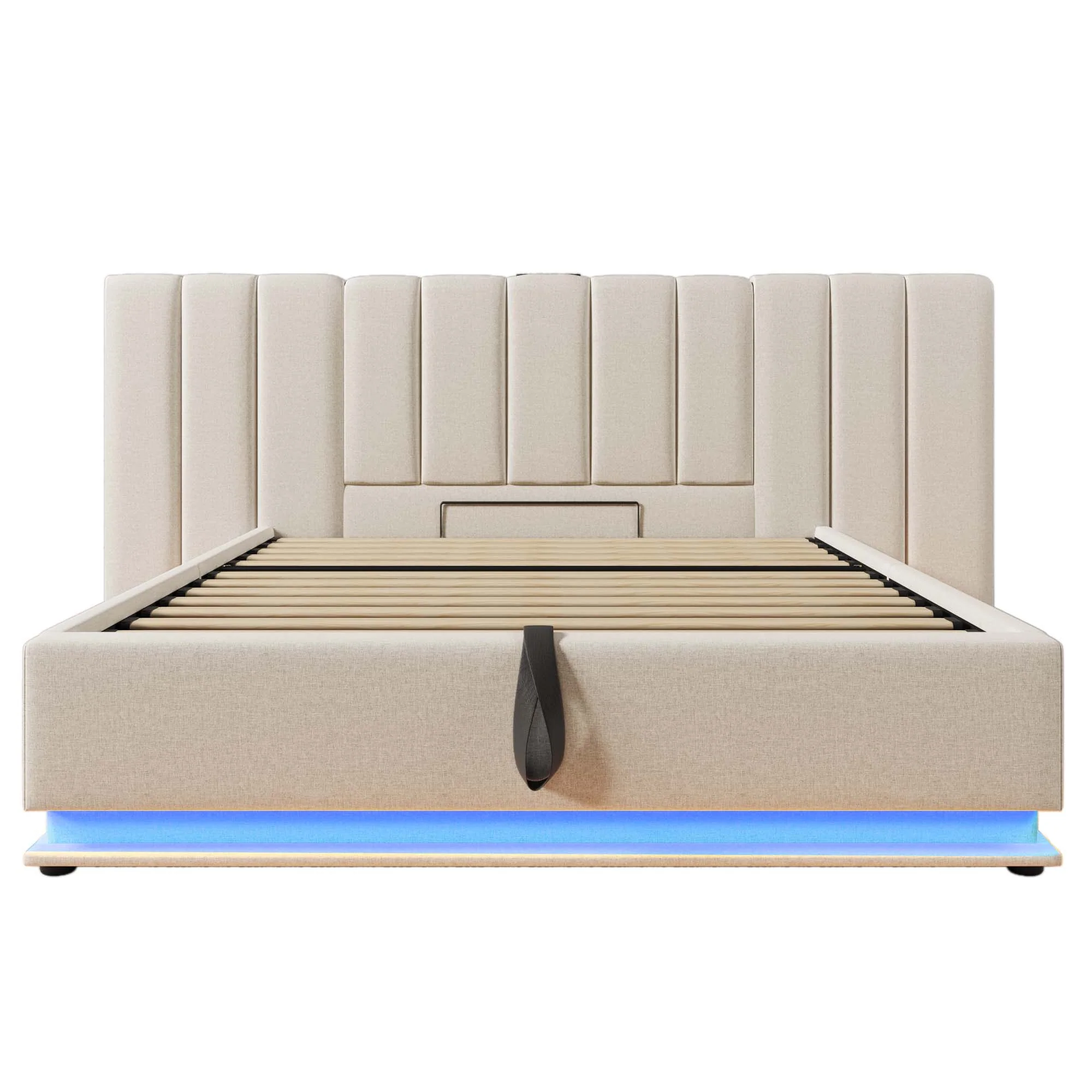 Upholstered Bed 160x200 Storage LED USB-C Slatted Base, Linen Beige - Image 3