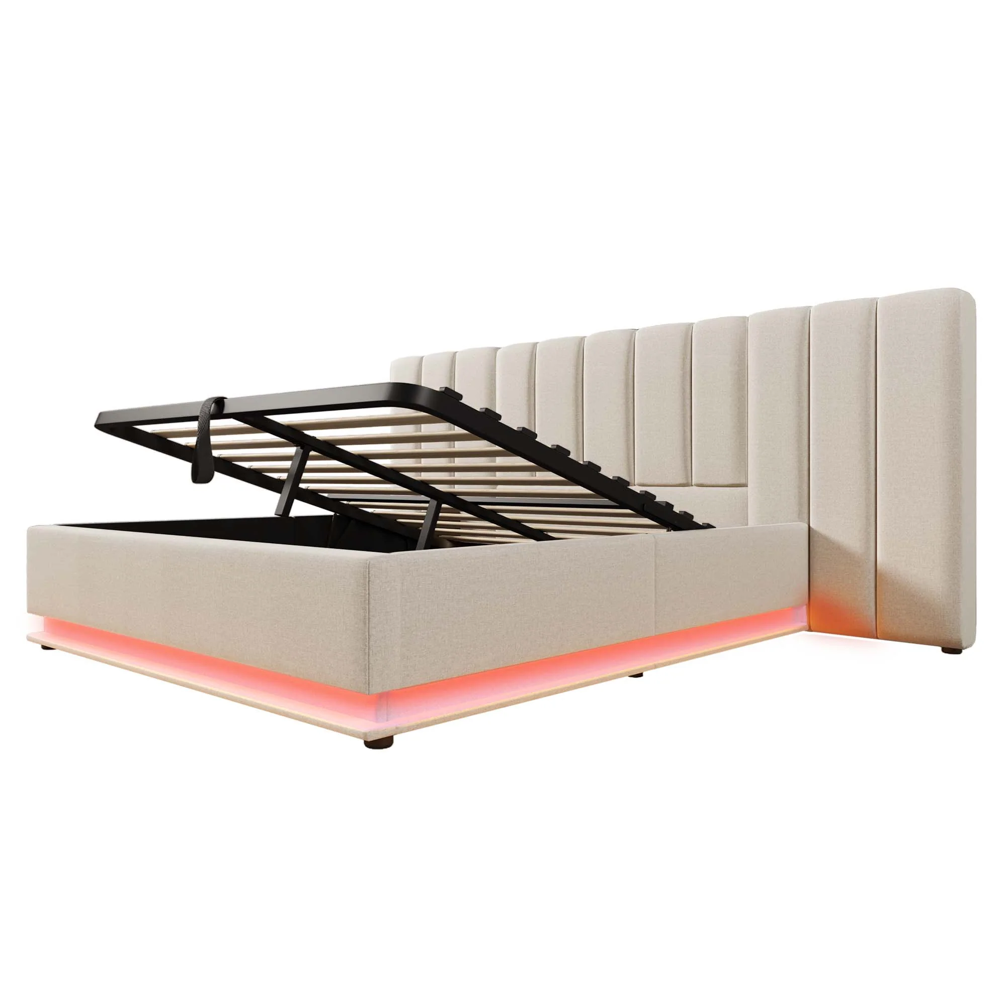 Upholstered Bed 160x200 Storage LED USB-C Slatted Base, Linen Beige - Image 4