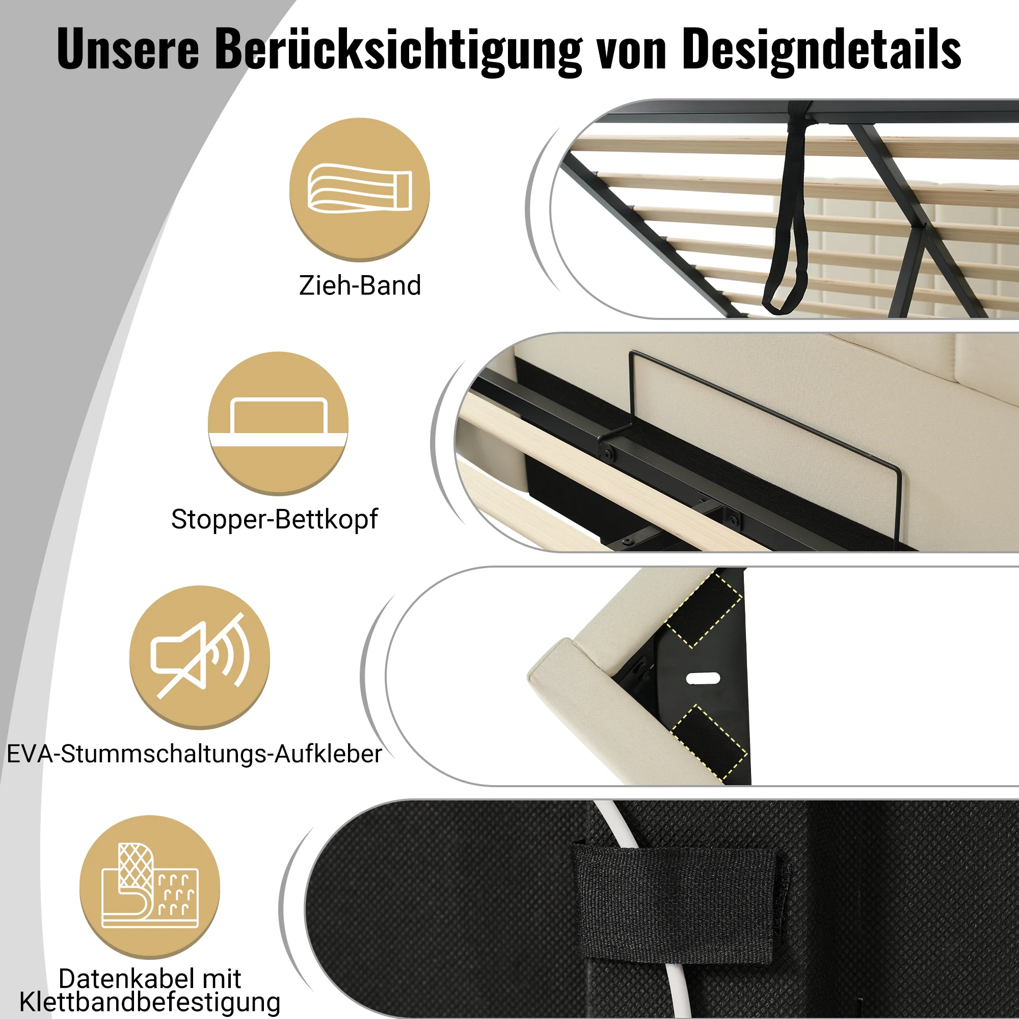 Upholstered Bed 160x200 Storage LED USB-C Slatted Base, Linen Beige - Image 5